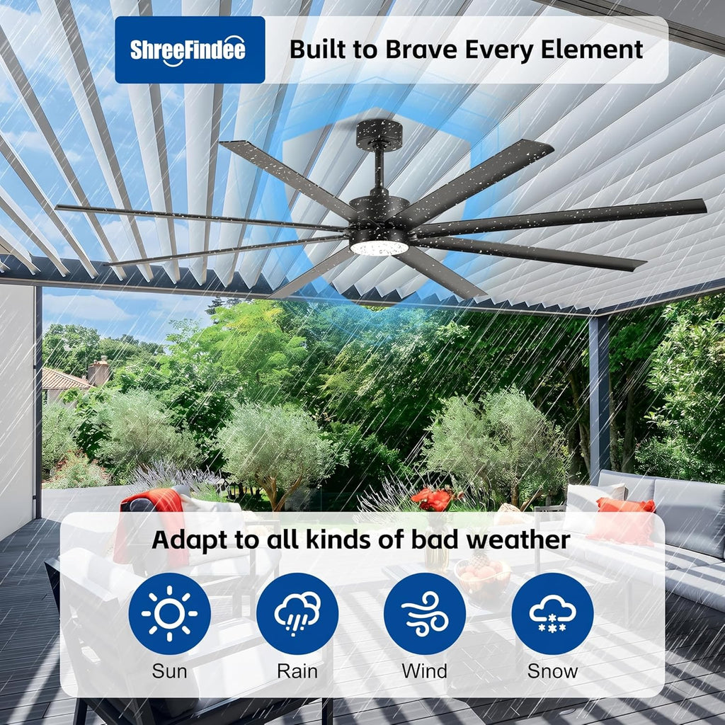 72 Inch Outdoor Smart Ceiling Fan with Lights, Waterproof All Weather Wet Rated, 8 Black Industrial Aluminum Blades, High CFM Quiet DC Motor, Alexa/App Control for Patio, Gazebo & Large Commercial