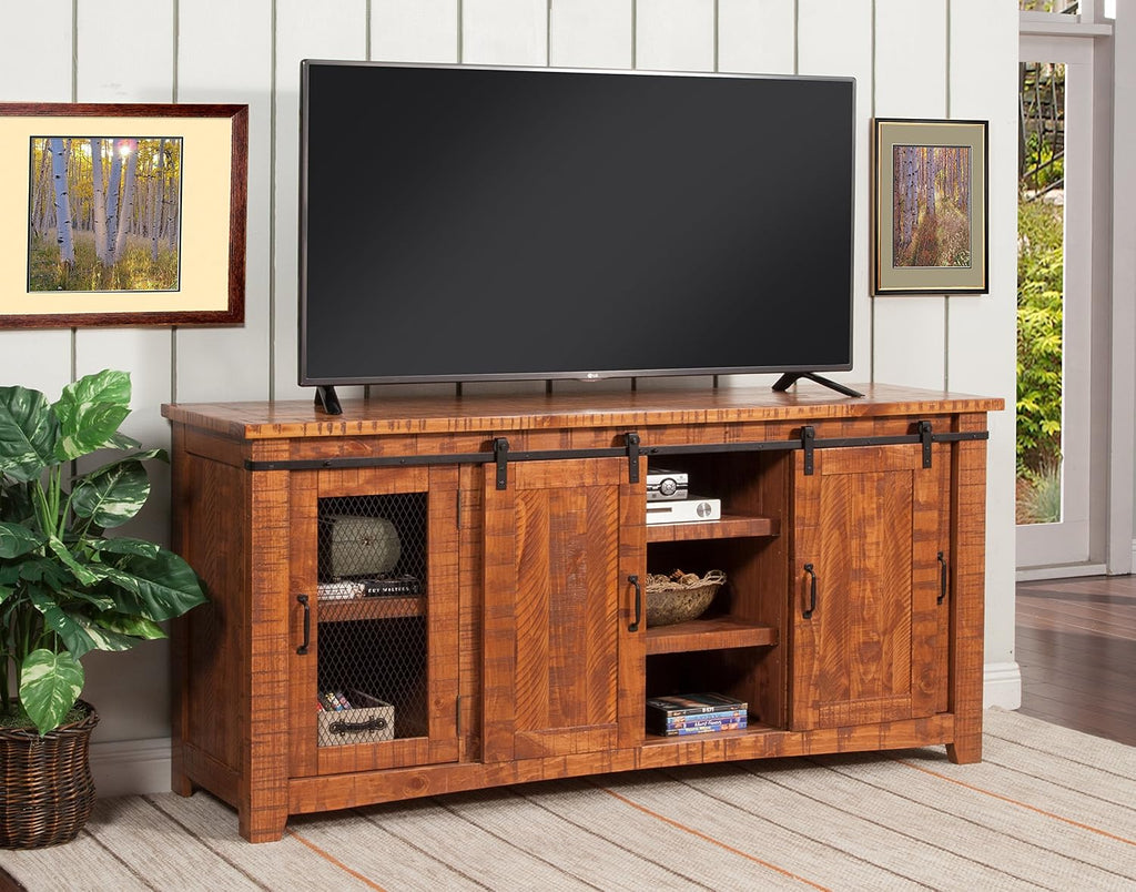 Martin Svensson Home 65' Solid Pine Wood Entertainment Center with Storage. Rustic TV Stand for TVs up to 70.' Sliding Doors, Adjustable Shelves & Cable Management – Honey Tobacco Finish