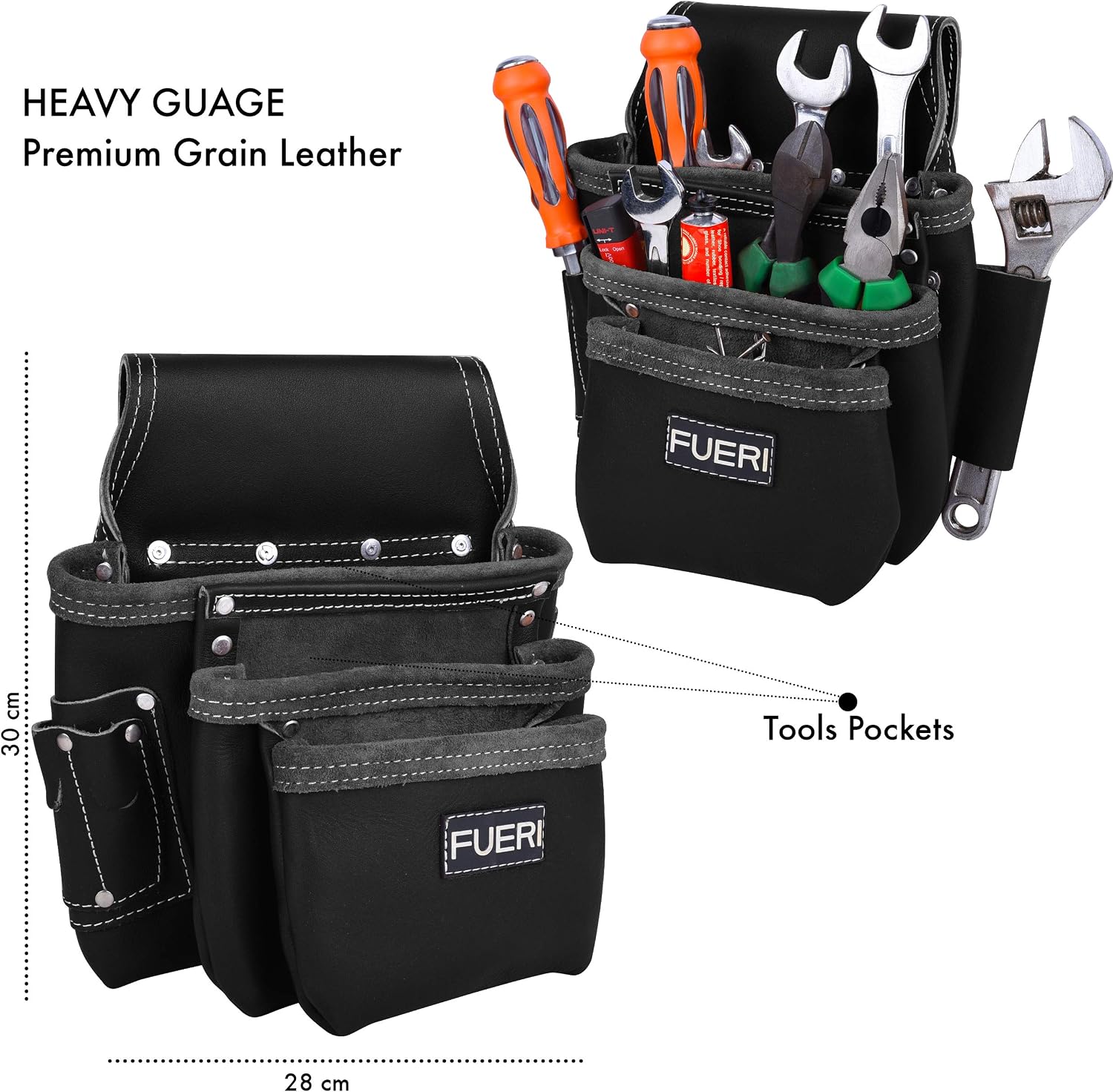 FUERI Full Grain Leather tool belts for men, Heavy-duty Carpenter Tool Rig organizer with 17 Pockets pouches, hammer holder, 4-Suspender loops, and a foam-padded belt for Framers, and Electricians