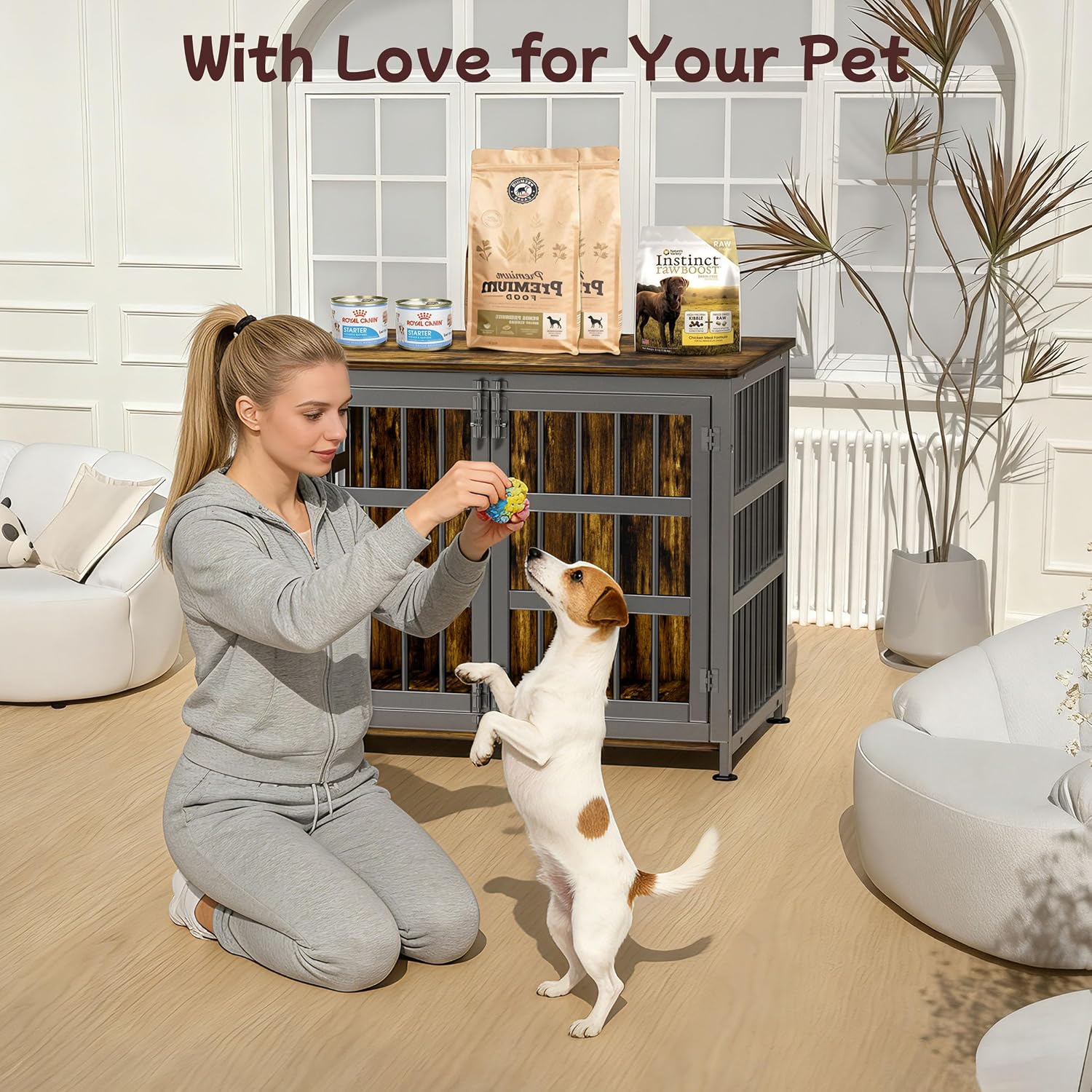 33'' Dog Crate Furniture Large Breed Dog Crate Dog Kennels for Inside Wooden Dog Crates End Table Heavy Duty Indoor Combination Cage for Medium to Large Dogs Walnut