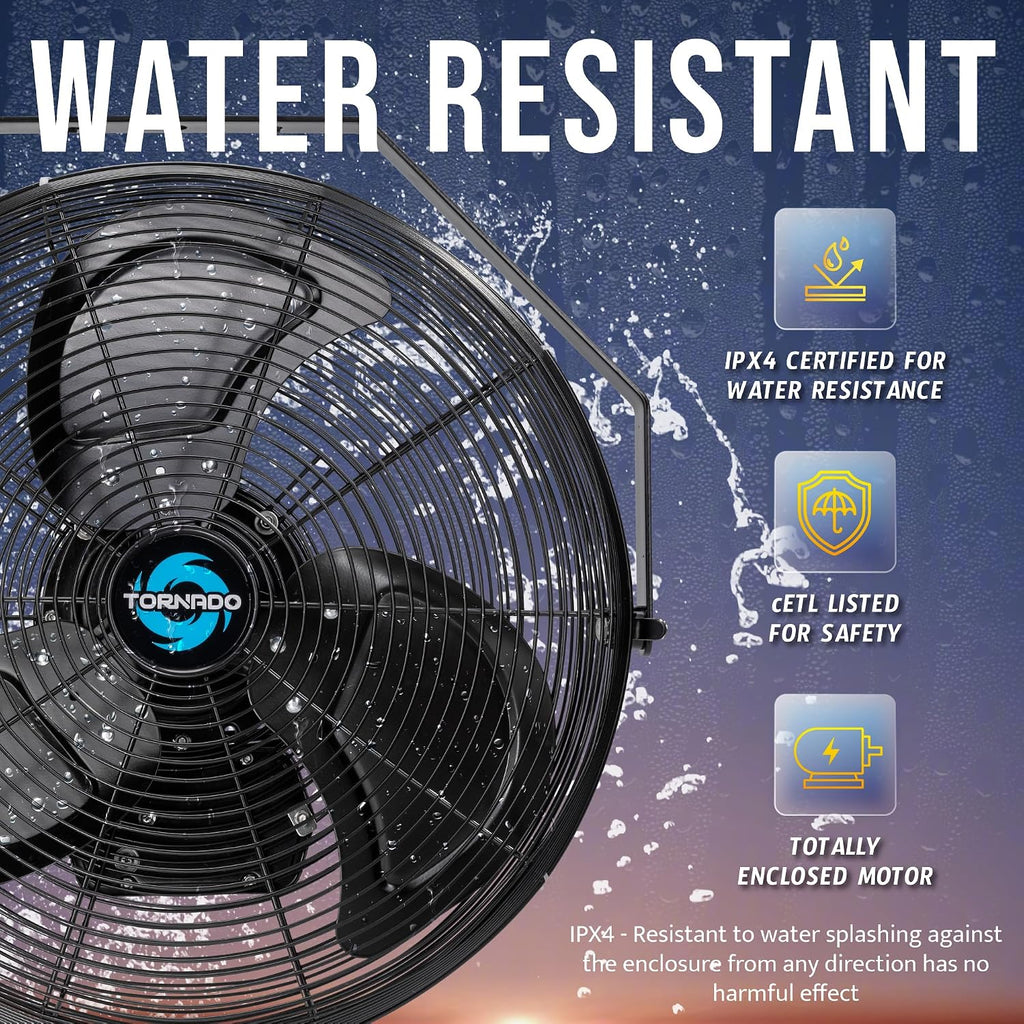Tornado 18' Outdoor IPX4 Rated Water-Resistant Metal Industrial Wall Mount Fan, 3 Speed High Velocity Wall Fan For Commercial, Industrial, Residential Use, 4150 CFM 6.6 FT Cord 180°Tilting, Black
