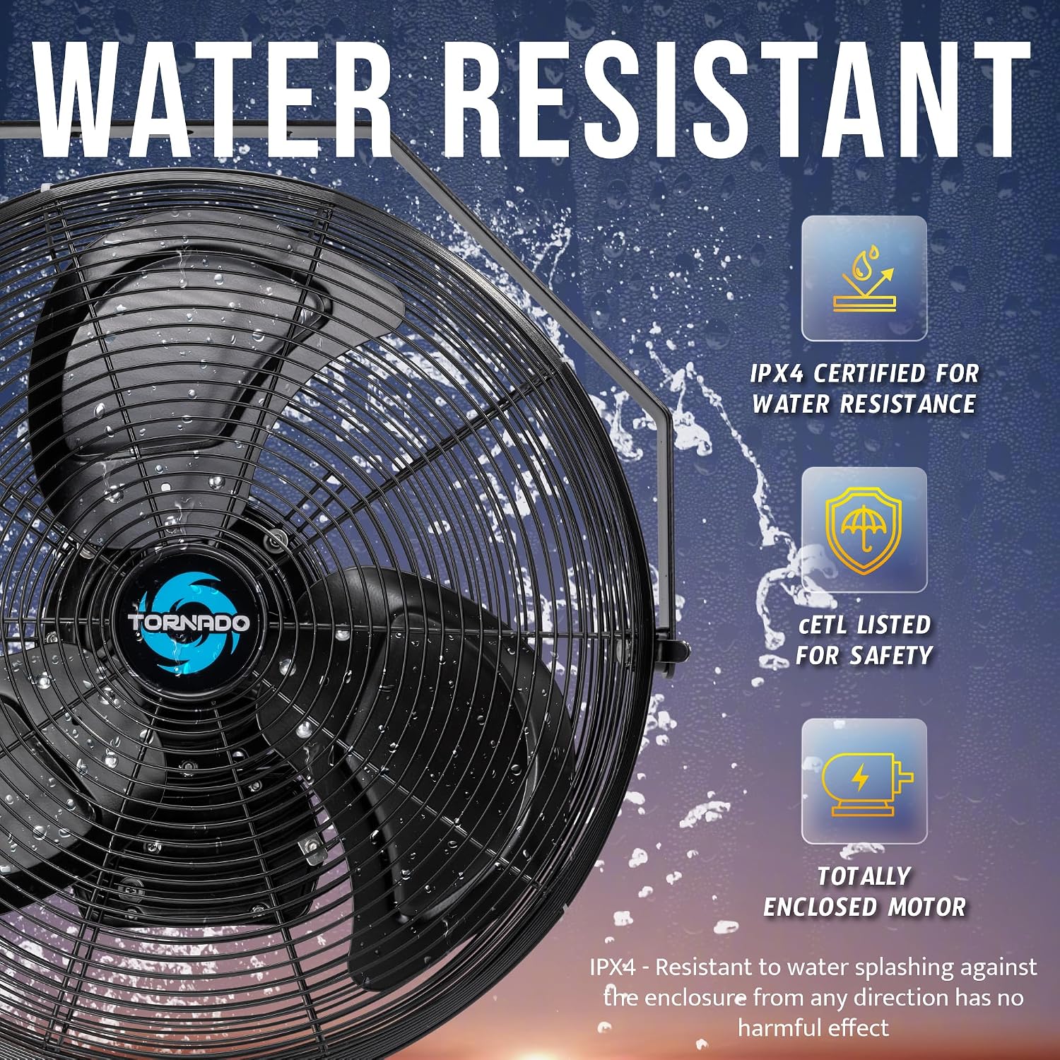 Tornado 18' Outdoor IPX4 Rated Water-Resistant Metal Industrial Wall Mount Fan, 3 Speed High Velocity Wall Fan For Commercial, Industrial, Residential Use, 4150 CFM 6.6 FT Cord 180°Tilting, Black