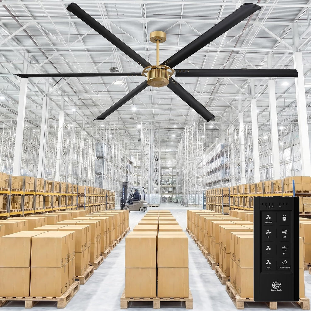 96 Inch Ceiling Fans without Light, Industrial Large Commercial Fan for Shop Gym Garage, Remote Control, Reversible DC Motor, 6 Black Aluminum Blades, Big Outdoor Ceiling Fans for Patios, Vintage Gold
