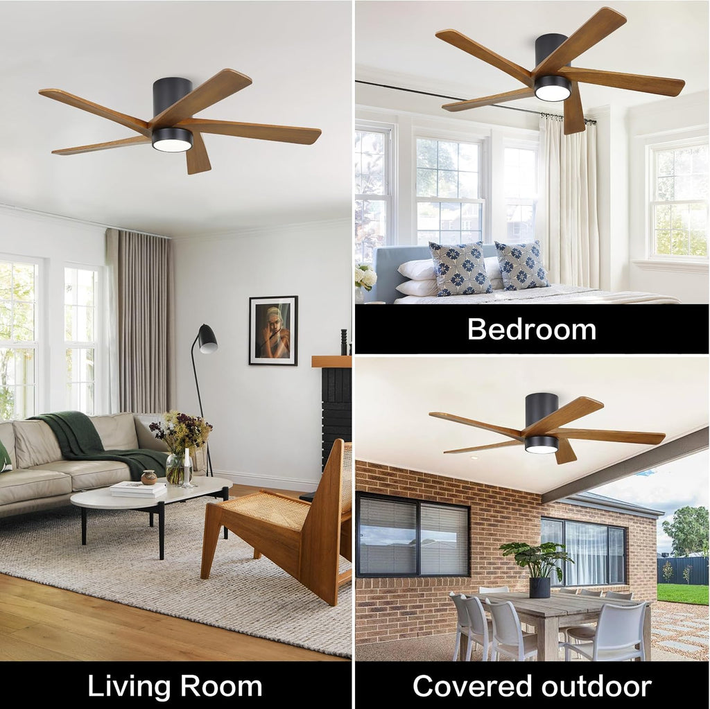 WINGBO 54 Inch Flush Mount DC Ceiling Fan with Lights and Remote, 5 Reversible Carved Wood Blades, 6-Speed Noiseless DC Motor, Hugger Ceiling Fan in Matte Black Finish with Walnut Blades, ETL Listed