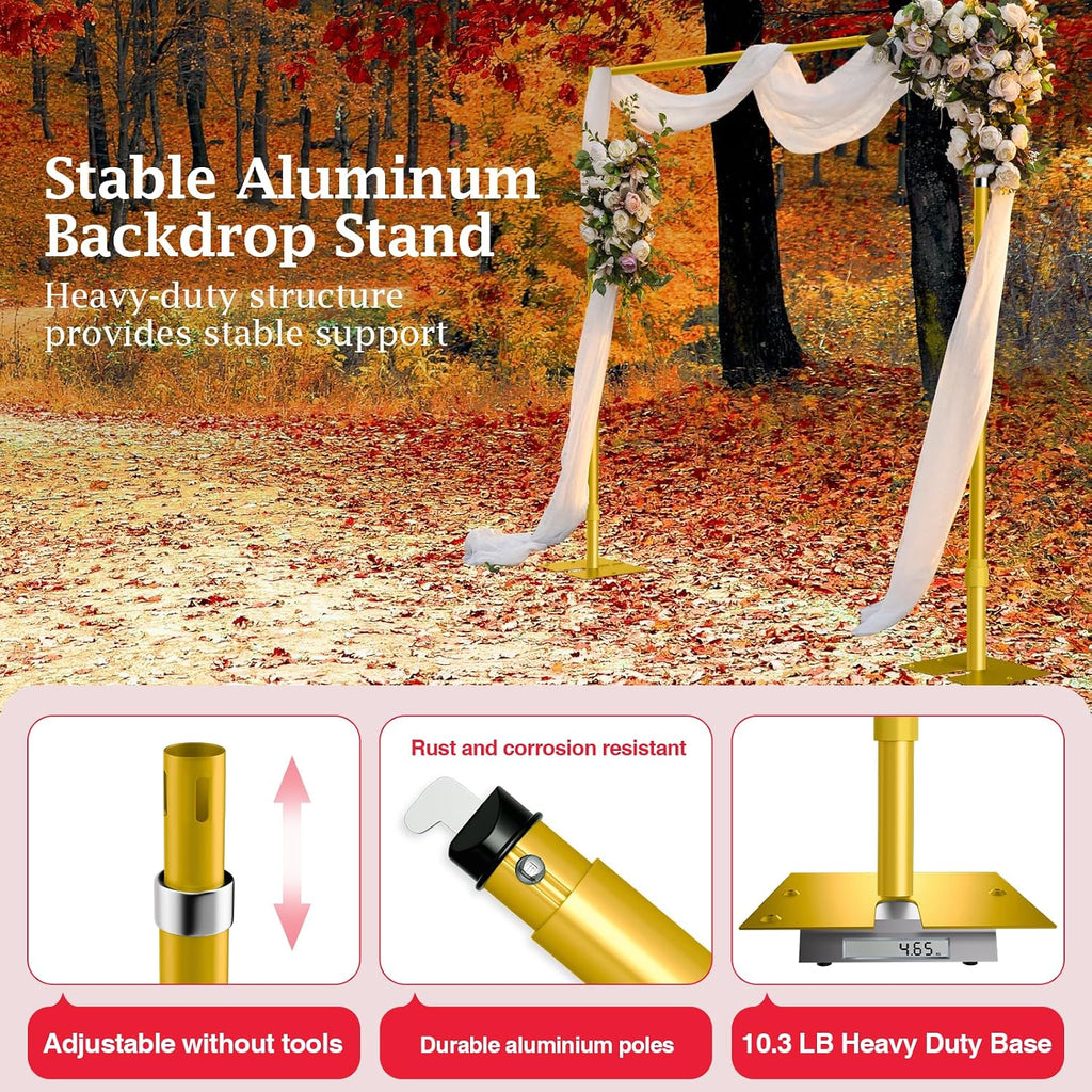 EMART Pipe and Drape Backdrop Stand Kit, 8.9ftx10ft Heavy Duty Adjustable Photo Background, Metal Frame with Flat Base for Wedding, Birthday Party, Banquet Decorations - Gold