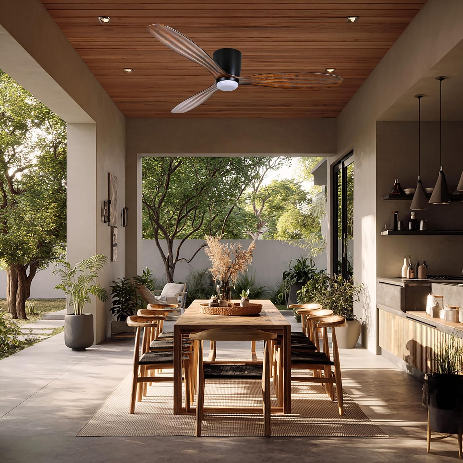 MINKA-AIRE F694L-CL/DK Ventiara 52' 3-Blade LED Flush Mount Indoor/Outdoor Ceiling Fan in Coal Black and Distressed Koa Finish Blades with Etched Lens