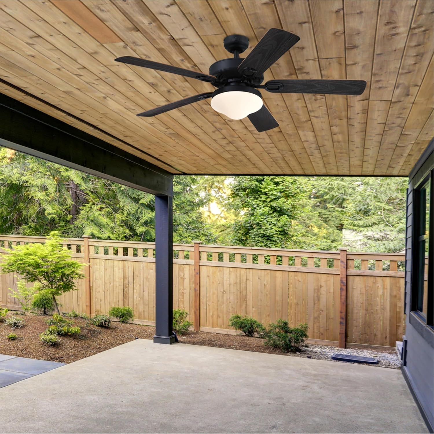 Westinghouse Lighting Deacon Traditional Indoor/Outdoor Ceiling Fan, LED Light Fixture with Opal Frosted Glass, Remote Control, 52 Inch, Matte Black Finish