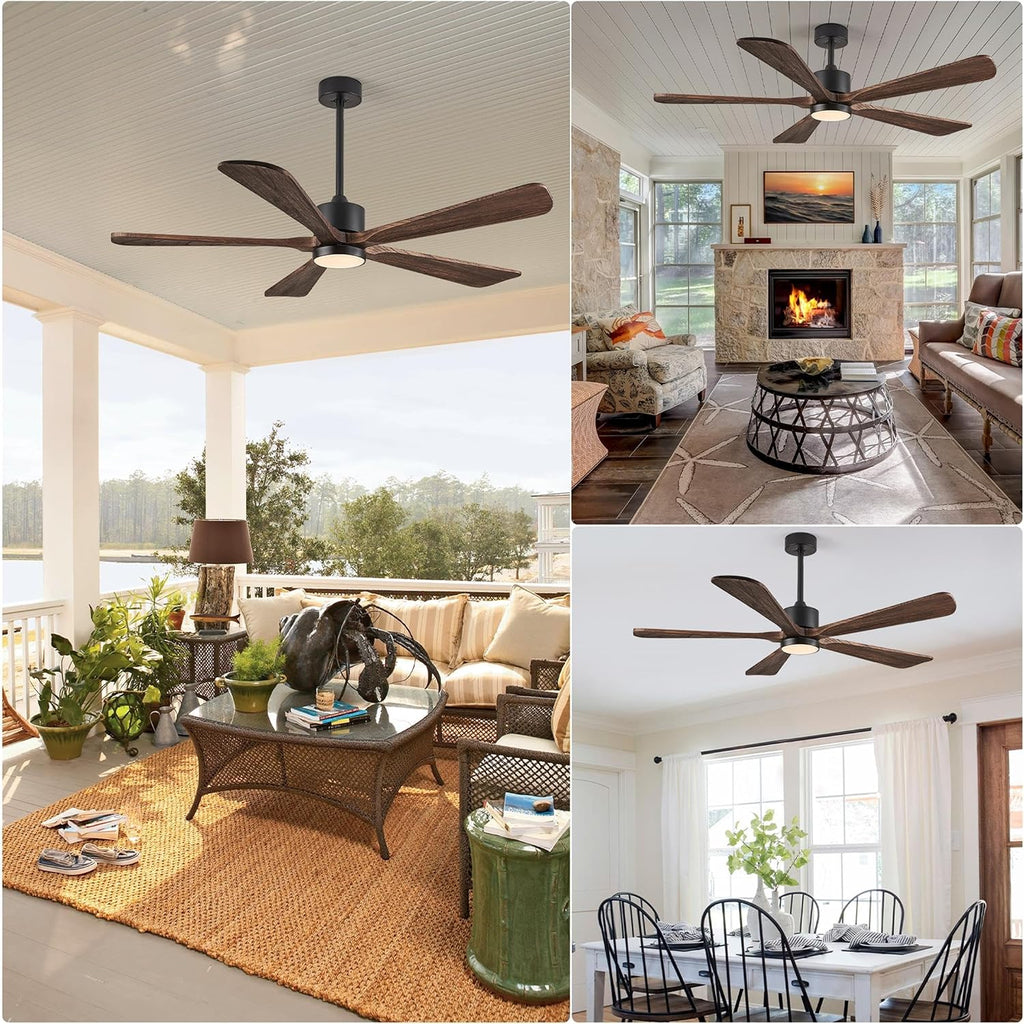 52 Inch Ceiling Fan with Lights, 5 Blade Ceiling Fan with Remote Control, 5 Reversible Solid Wood Blades, 6-Speed Outdoor Fan for Patios Porch Living Room,Dark Brown