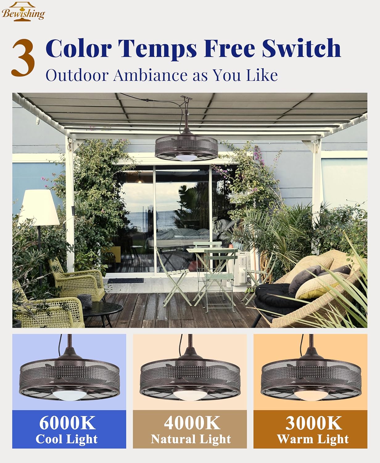 20' Plug-in Outdoor Ceiling Fan with Light, No Hardwiring Required, IP44 Waterproof, 3 CCT, APP & Remote Control, 6-Speed DC Motor, Cage Fandelier for Gazebo Patio, Black Gold