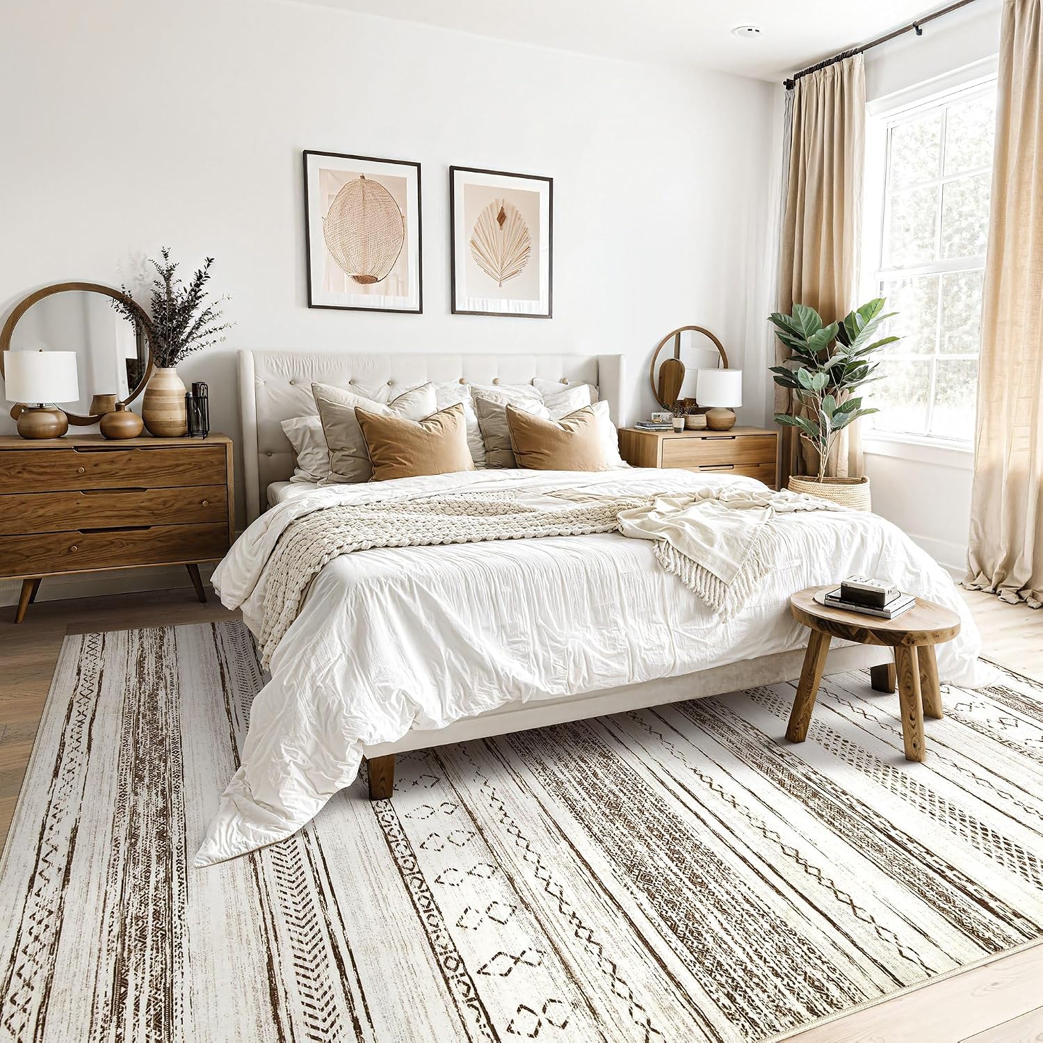 Tortania Area Rug Living Room Rugs - 10x14 Washable Large Soft Neutral Boho Moroccan Bohemian Farmhouse Rug Indoor Floor Carpet for Bedroom Under Dining Table Home Office Decor - Cream Brown