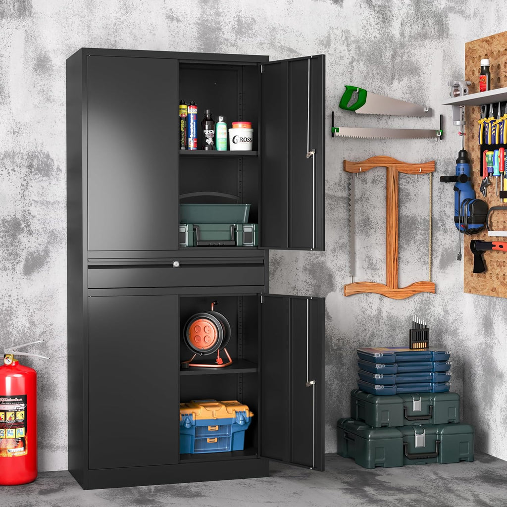 Metal Storage Cabinet with Drawer, Garage Storage Cabinet with Locking Doors and Adjustable Shelves,Tool Steel Cabinet for Garage, Home Office,Warehouse (Black)