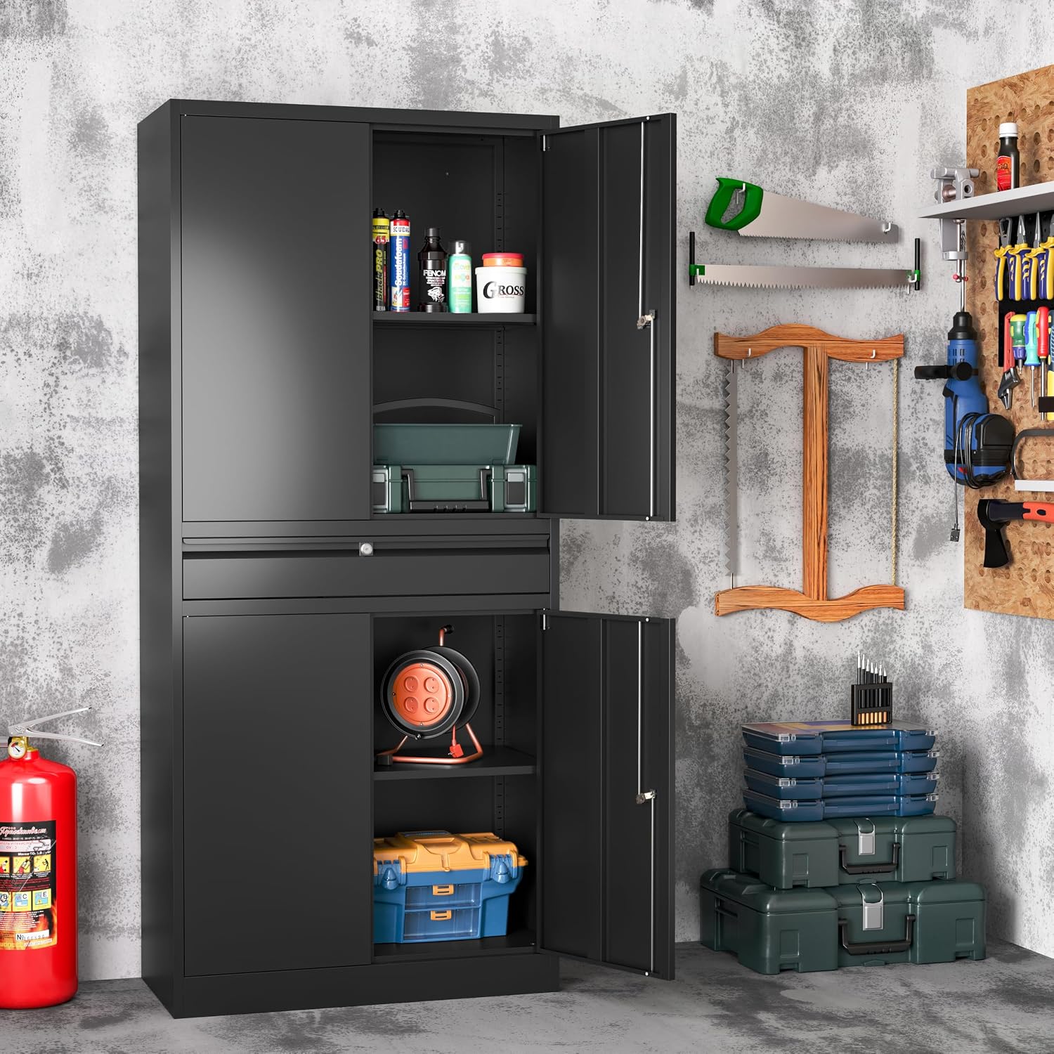 Metal Storage Cabinet with Drawer, Garage Storage Cabinet with Locking Doors and Adjustable Shelves,Tool Steel Cabinet for Garage, Home Office,Warehouse (Black)
