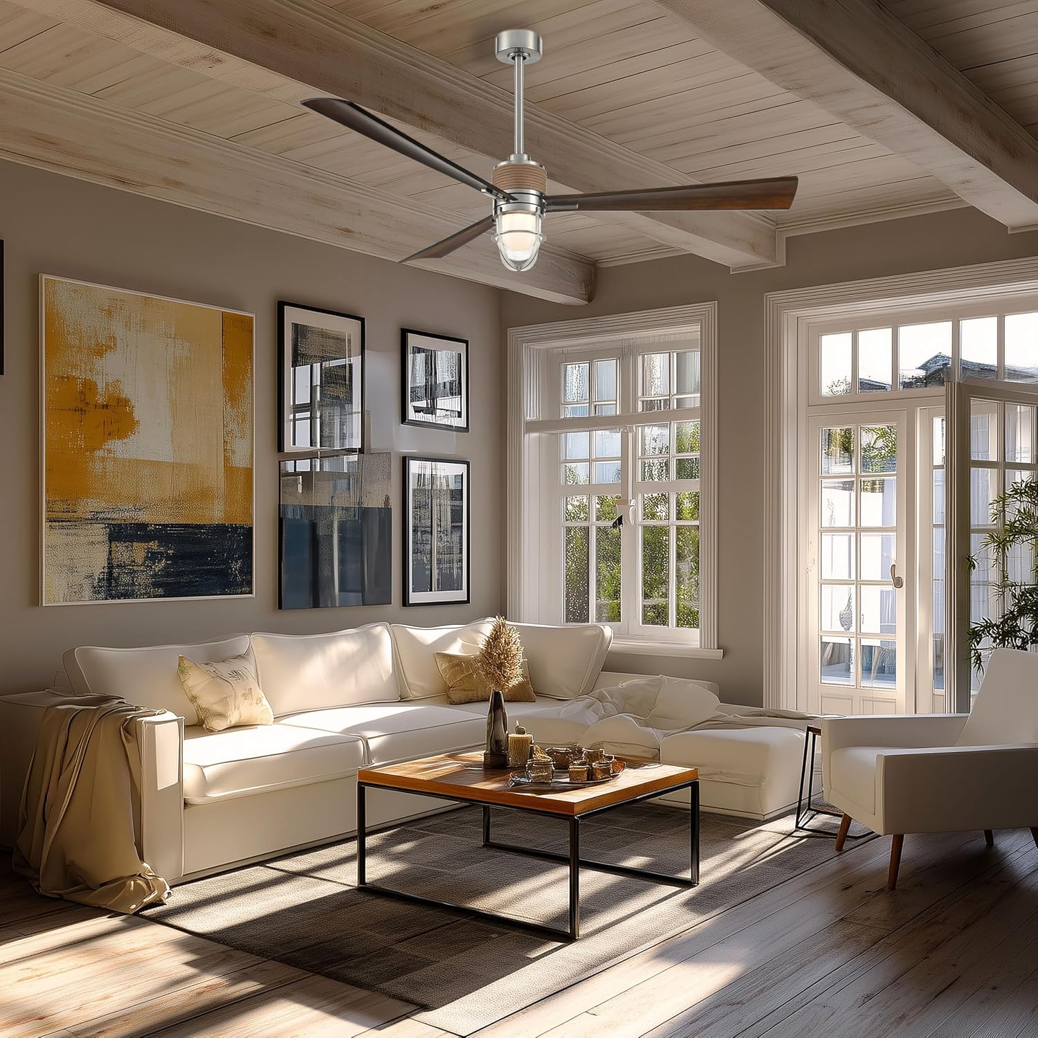 MINKA-AIRE F768L-BNW/DK Nauticus 65' 3-Blade LED Smart Indoor/Outdoor Ceiling Fan in Brushed Nickel Wet and Distressed Koa Blades with Clear Glass