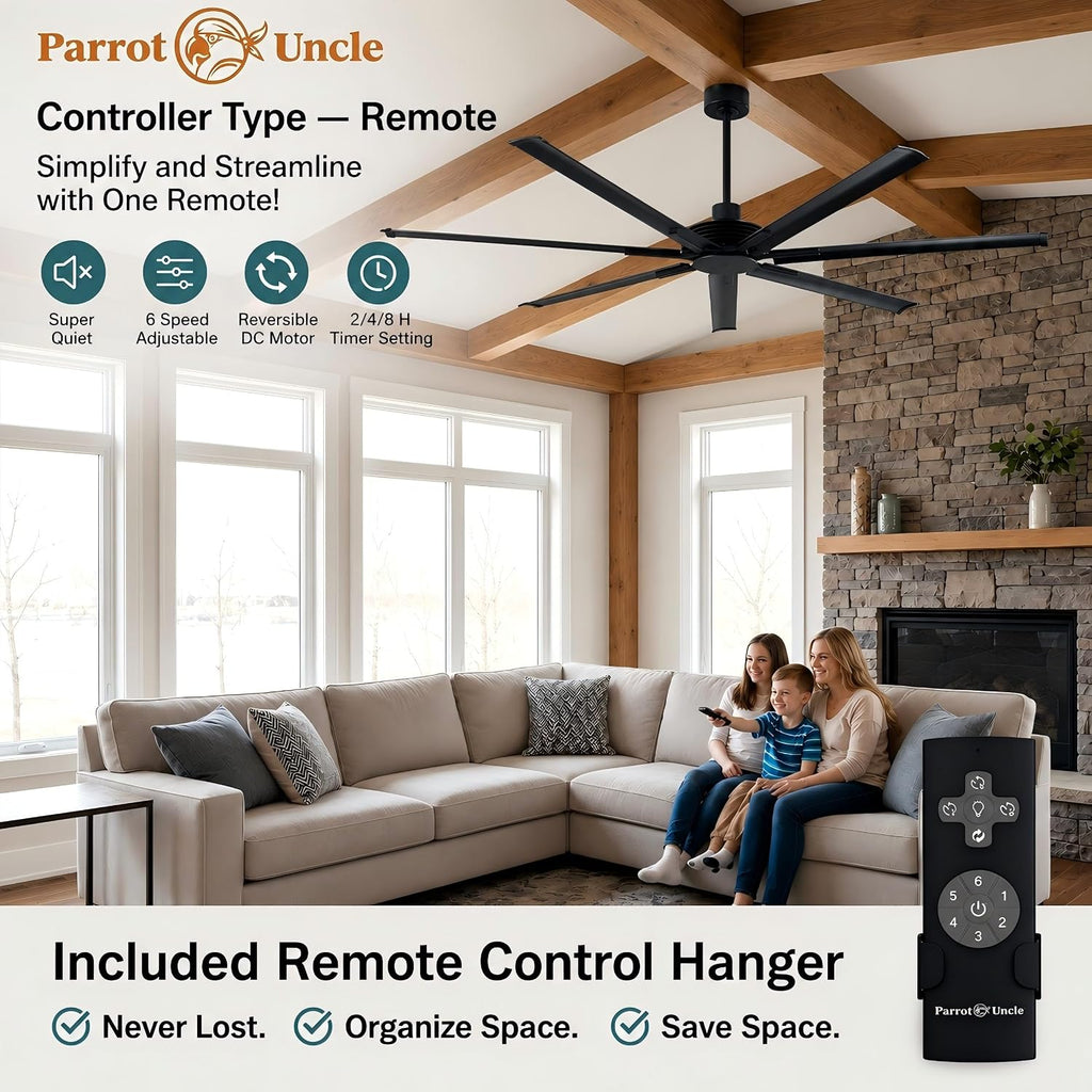 100 Inch Industrial Ceiling Fan, Large Black Outdoor Ceiling Fans for Paitos with Remote Control, High CFM Quiet DC Motor Commencial Shop Fan for Garage Gym, Reversible 7 Aluminum Blades, Timer