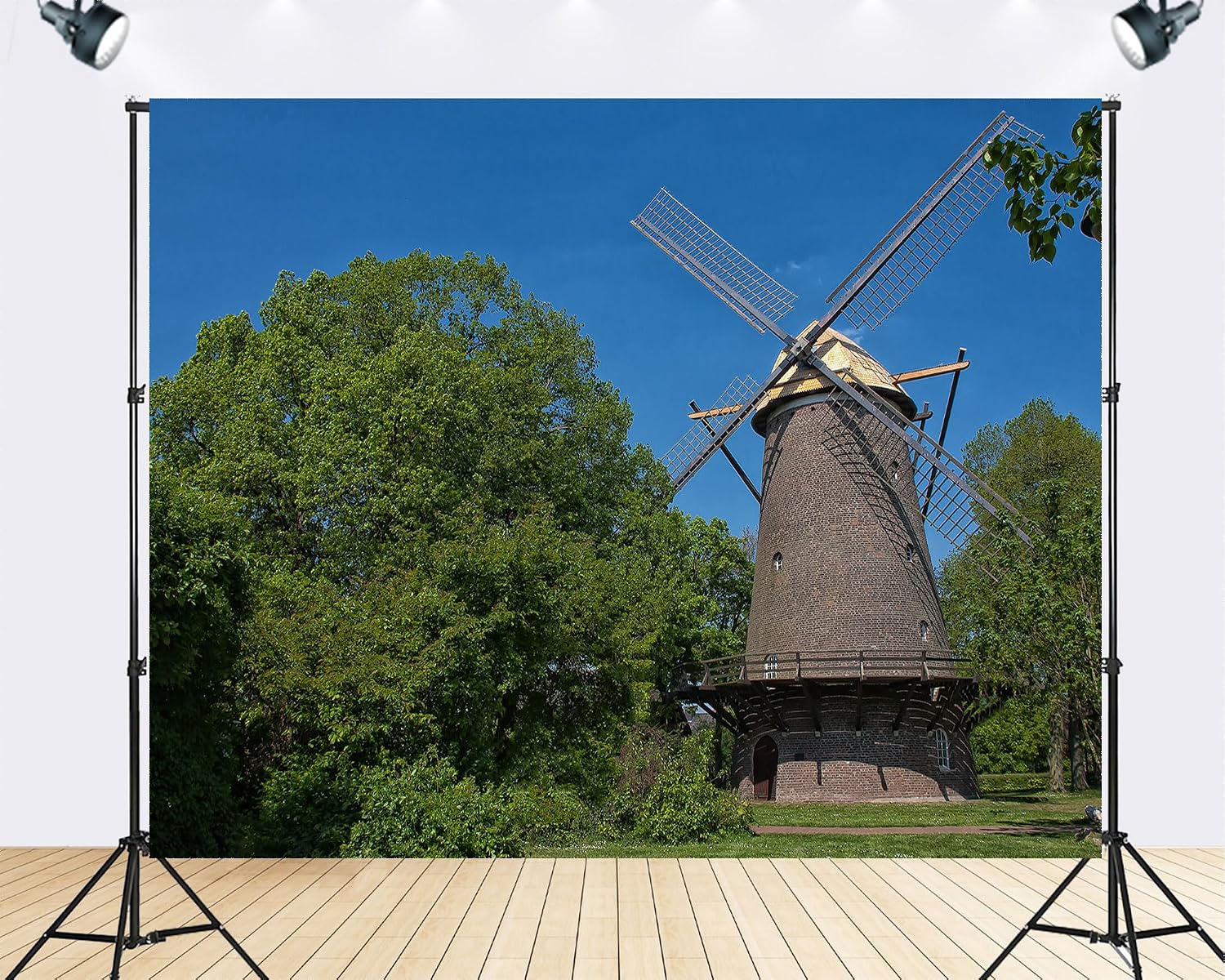 Trykid 20x10ft Brick Dutch Windmill Backdrop Lush Green Trees Clear Blue Sky Rustic Rural Architecture Photography Background Countryside Tapestry Party Decoration Photo Studio Prop Fabric