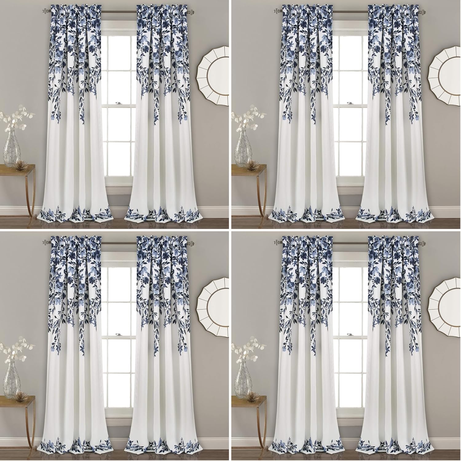 Lush Decor Tanisha Curtains - Light Filtering Window Panel Set, Pair - Floral Vine Print, Beautiful, Modern, Elegant Home Decor - 52' W x 84' L, Navy & White (Pack of 4)