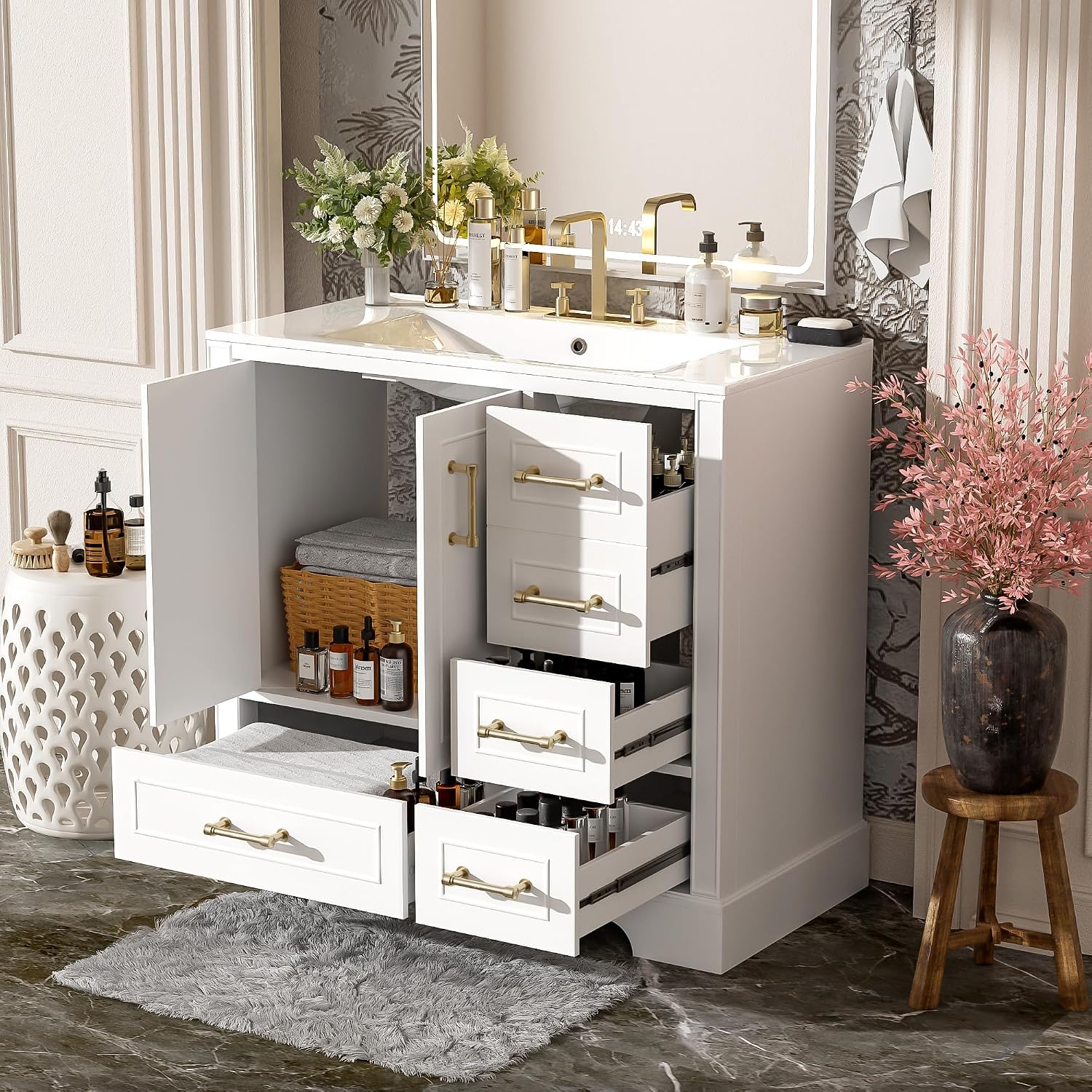 LUMISOL 36'' Bathroom Vanity with Ceramic Sink, Freestanding Vanity with Single Sink, Modern Bathroom Storage Cabinet with Soft Close Doors & Drawers for Guest Bath, Master Suite, Rental, White