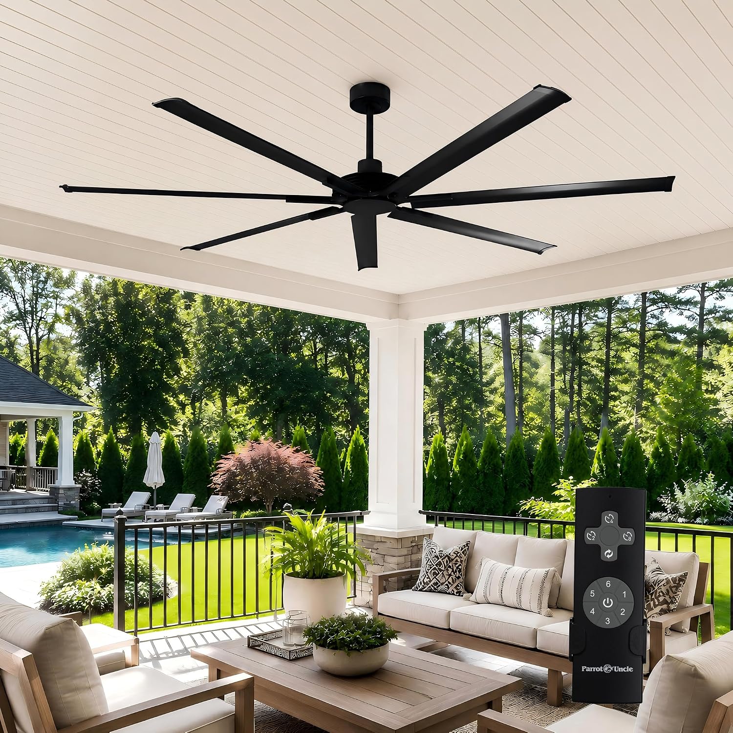 100 Inch Industrial Ceiling Fan, Large Black Outdoor Ceiling Fans for Paitos with Remote Control, High CFM Quiet DC Motor Commencial Shop Fan for Garage Gym, Reversible 7 Aluminum Blades, Timer