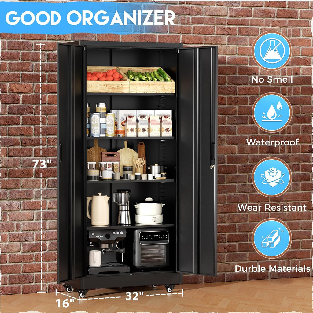 Greenvelly Metal Garage Storage Cabinet with 4 Swivel Wheels, 73' Black Storage Cabinet on Wheels, Rolling Tool Cabinet with Locking Doors and Shelves for Garage, Basement, Home, Warehouse