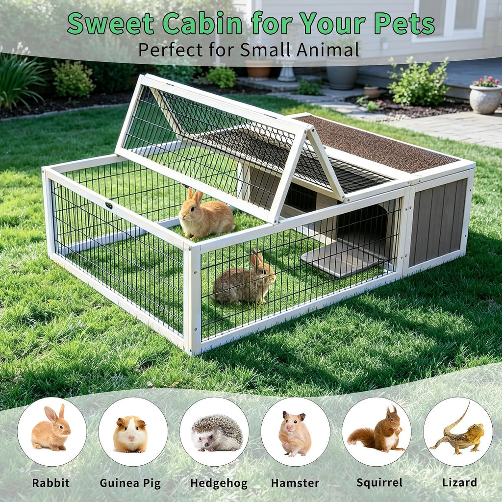 Tortoise House Habitat Wooden, Chicken Coop with Run Rabbit Hutch Small Animal Hutch Enclosure Indoor/Outdoor-Grey + White Trim