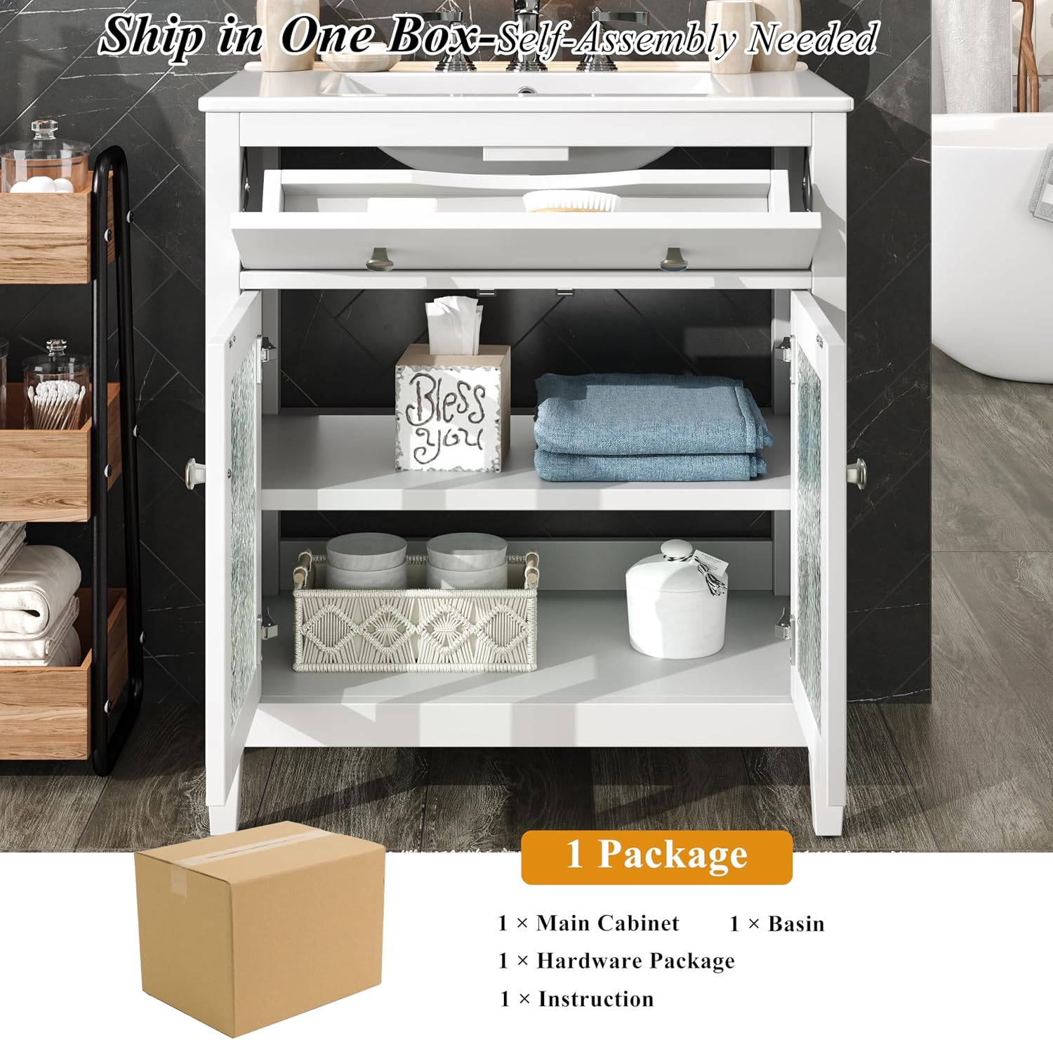 30' Bathroom Vanity with Sink, Bathroom Sink with Cabinet, Adjustable Interior Shelf, Convenient Tip-Out Tray, Silver Metal Knobs, A Modern and Practical Choice for Guest Suites