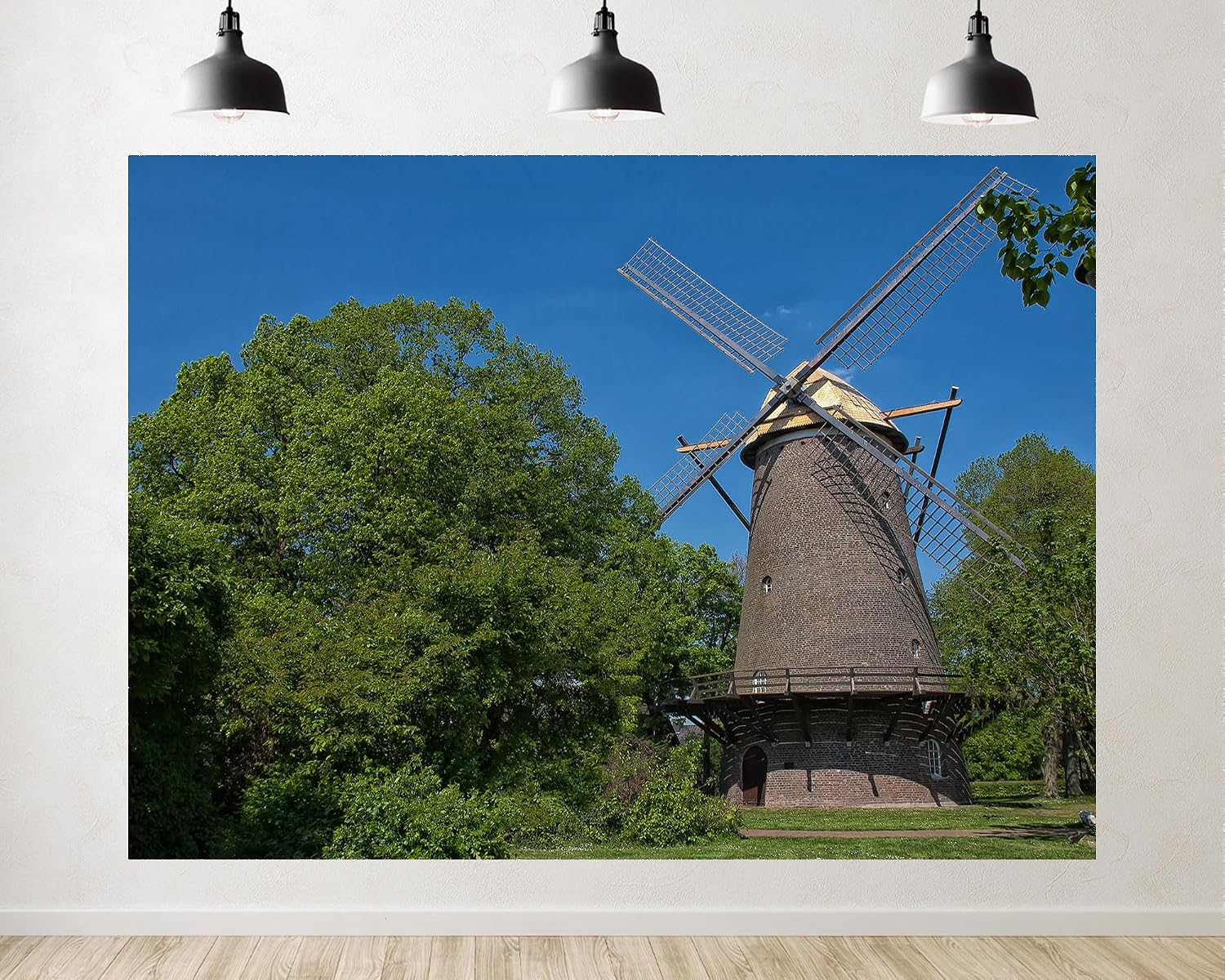 Trykid 20x10ft Brick Dutch Windmill Backdrop Lush Green Trees Clear Blue Sky Rustic Rural Architecture Photography Background Countryside Tapestry Party Decoration Photo Studio Prop Fabric
