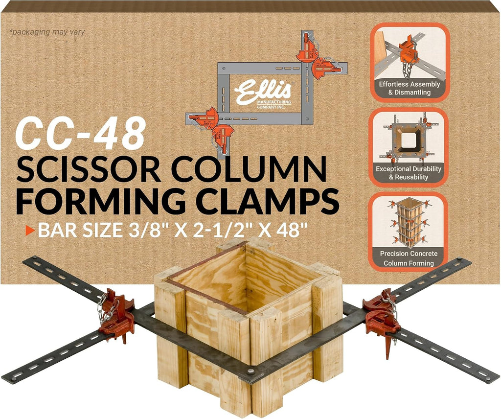 Ellis Manufacturing Company Scissor Column Forming Clamps - Clamp Set for Carpentry & Construction - Net Concrete 10' - 34' - Bar Size 3/8' x 2-1/2' x 48'