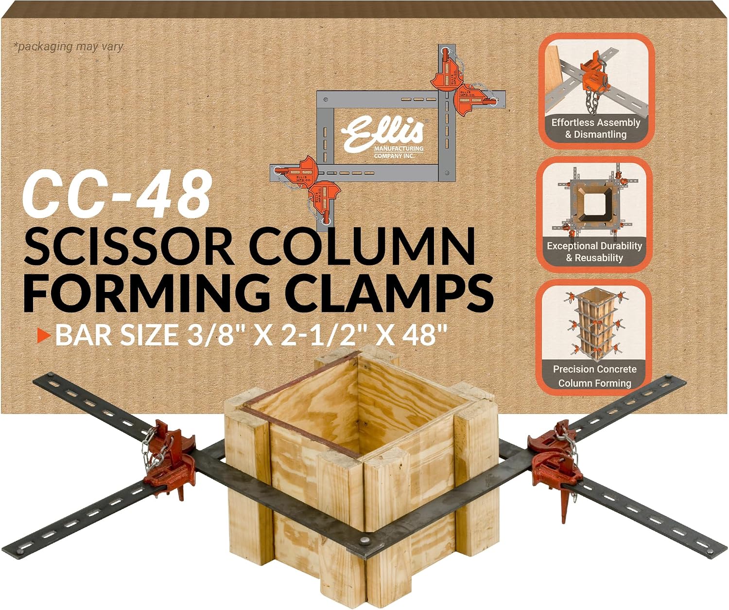 Ellis Manufacturing Company Scissor Column Forming Clamps - Clamp Set for Carpentry & Construction - Net Concrete 10' - 34' - Bar Size 3/8' x 2-1/2' x 48'