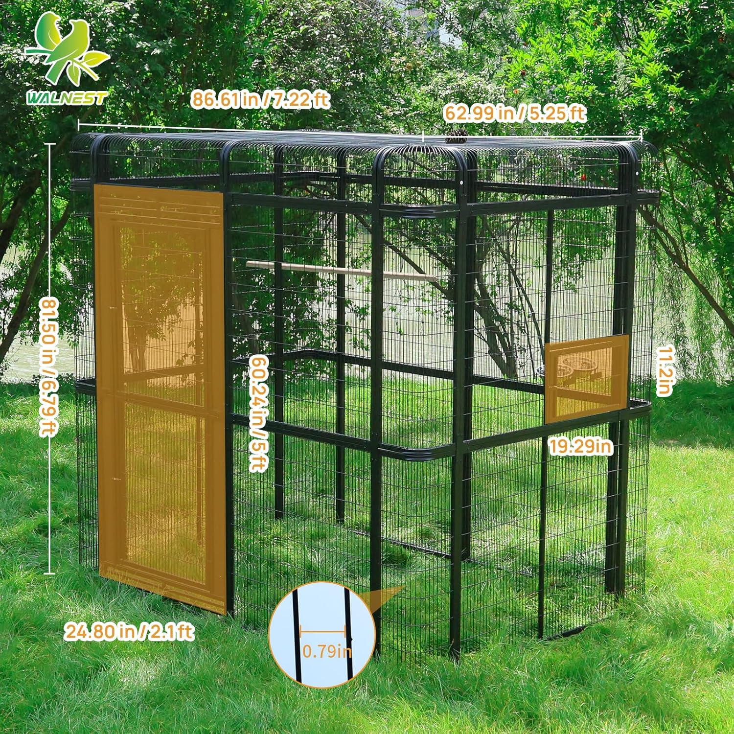 Outdoor Large Walk-in Cage 87-inch Heavy Duty Bird Cage Carbon Crystal Board Aviary Parrot Cage Wide Flight Metal Birdcage for Macaw Budgie Conure Lovebird Parakeet Cockatiel, 7.22x5.25x6.8ft, Black