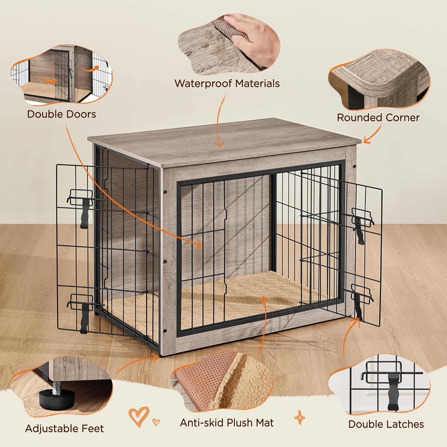 Yaheetech 32 Inch Dog Crate Furniture with Cushion, Wooden Dog Kennel with Double Door Side End Table with Adjustable Feet for Small Medium Dogs, Greige