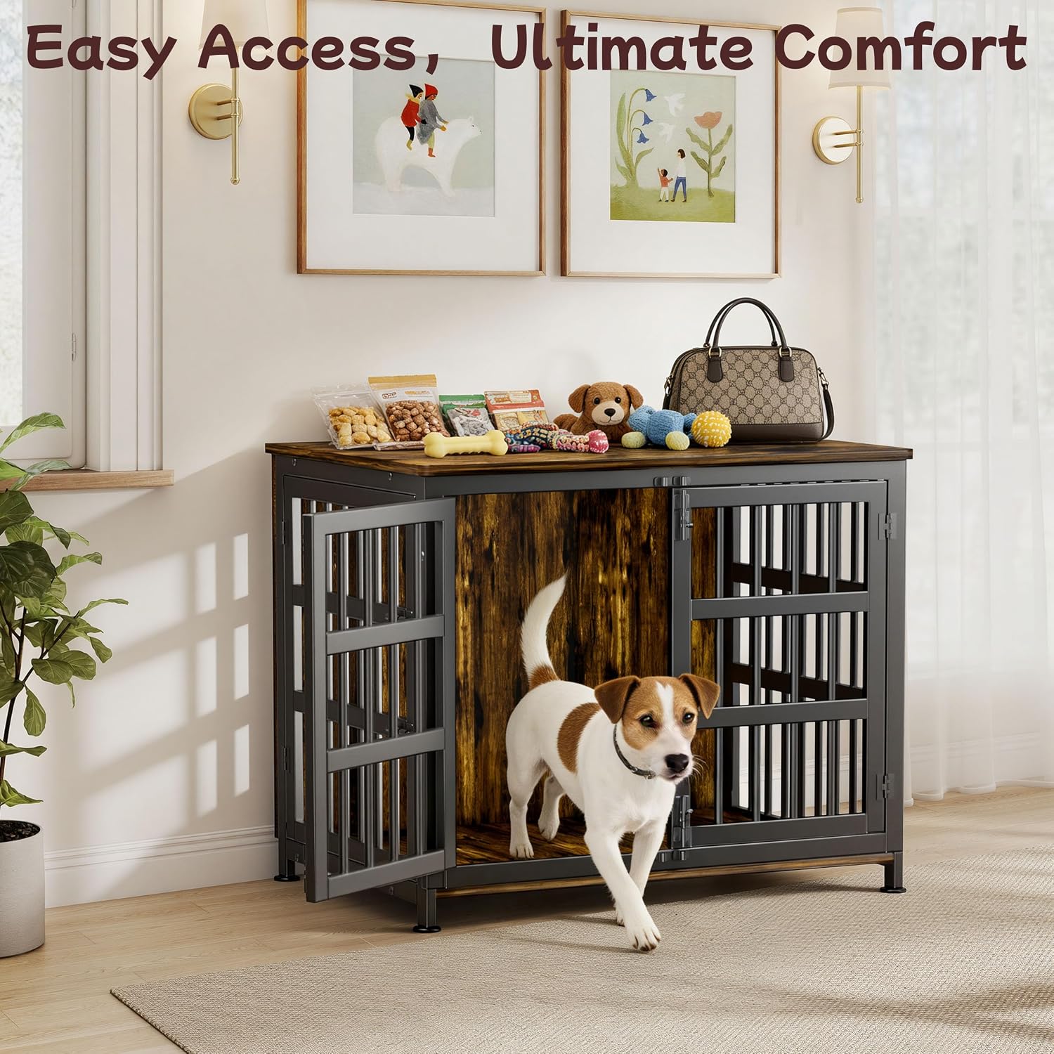33'' Dog Crate Furniture Large Breed Dog Crate Dog Kennels for Inside Wooden Dog Crates End Table Heavy Duty Indoor Combination Cage for Medium to Large Dogs Walnut