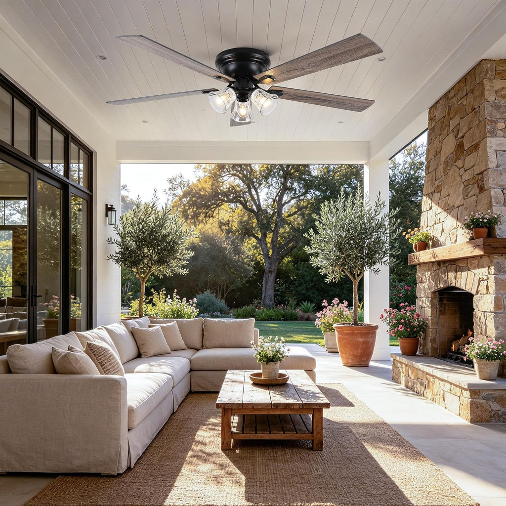 60'' Flush Mount Ceiling Fan with Light and Remote, 5 Reversible Wood Blades,3 Clear Seeded Glass Light Fixtures,6-Speed Quiet DC Motor,Farmhouse Ceiling Fan for Bedroom Living Room Patio