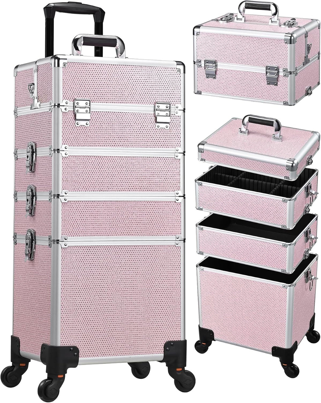 Costravio 5 in 1 Rolling Makeup Case on Wheels Large Cosmetology Case Organizer Beauty Cosmetic Train Case Travel Nail Cart for Make-up Studio Hair Salon, Pink Rhinestone