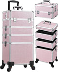 Costravio 5 in 1 Rolling Makeup Case on Wheels Large Cosmetology Case Organizer Beauty Cosmetic Train Case Travel Nail Cart for Make-up Studio Hair Salon, Pink Rhinestone