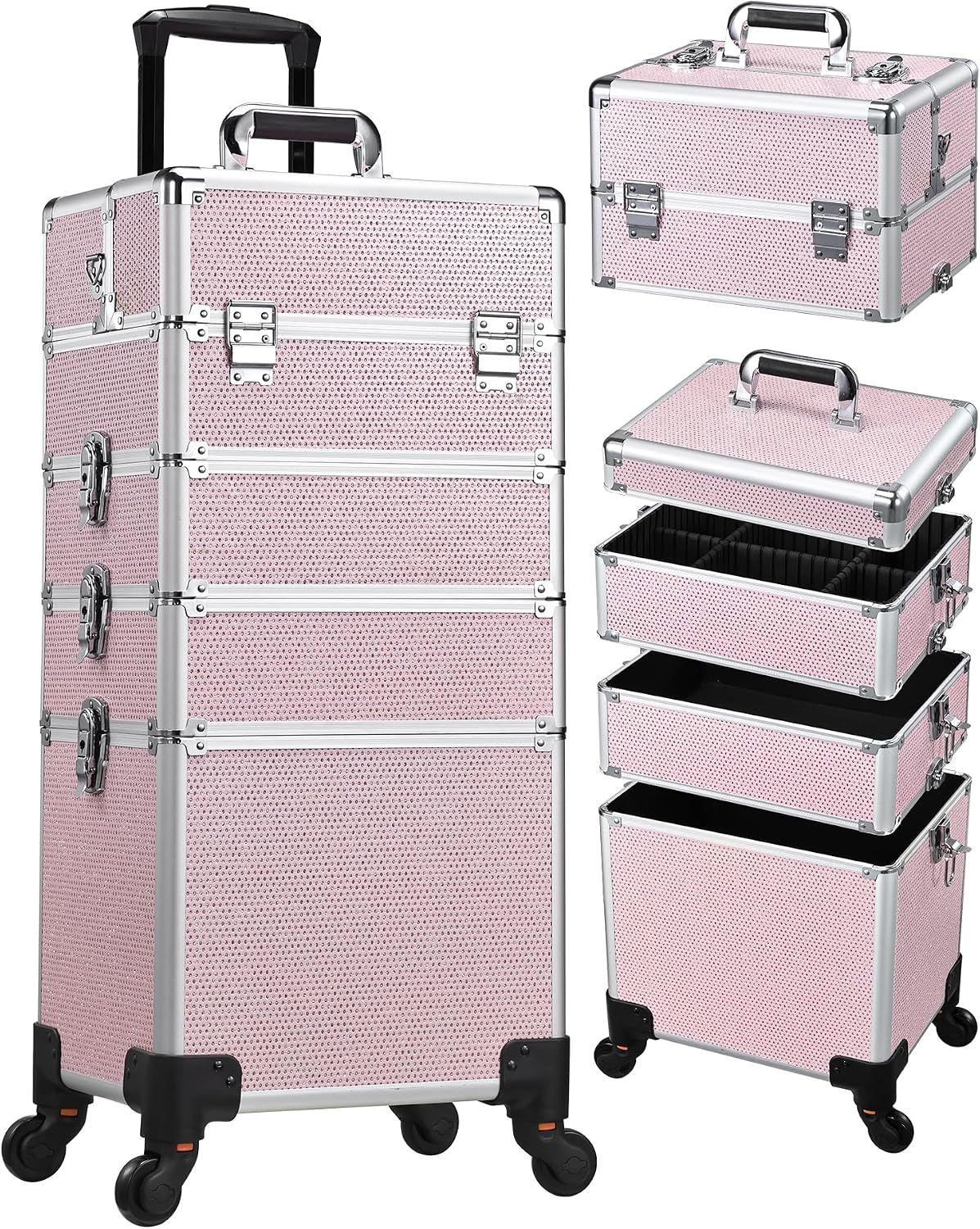 Costravio 5 in 1 Rolling Makeup Case on Wheels Large Cosmetology Case Organizer Beauty Cosmetic Train Case Travel Nail Cart for Make-up Studio Hair Salon, Pink Rhinestone