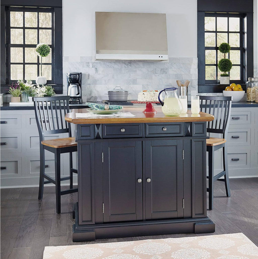 Home Styles Large Kitchen Island Set with Two Matching Stationary Slat back Stools with Antique Black finish and Distressed Oak Top, Extendable Breakfast Bar, Open Storage and Shelves and Drawers