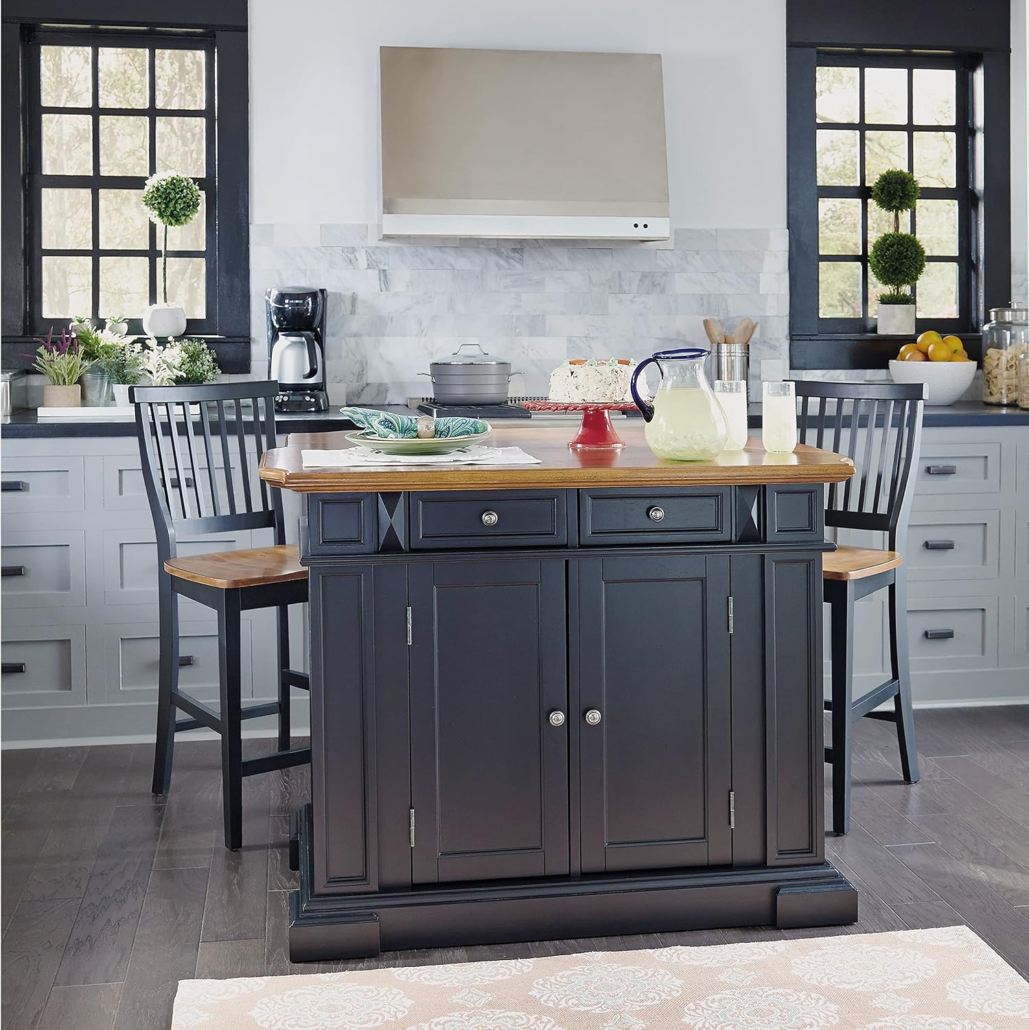 Home Styles Large Kitchen Island Set with Two Matching Stationary Slat back Stools with Antique Black finish and Distressed Oak Top, Extendable Breakfast Bar, Open Storage and Shelves and Drawers