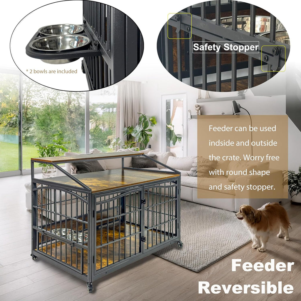 48 Inch Dog Crate Furniture, XXL Kennel Cage Rustic Wooden Pet House End Table Dog Home for Large Dogs with 2 Stainless Steel Bowls Indoor Use 48' L x 30' W x 40' H