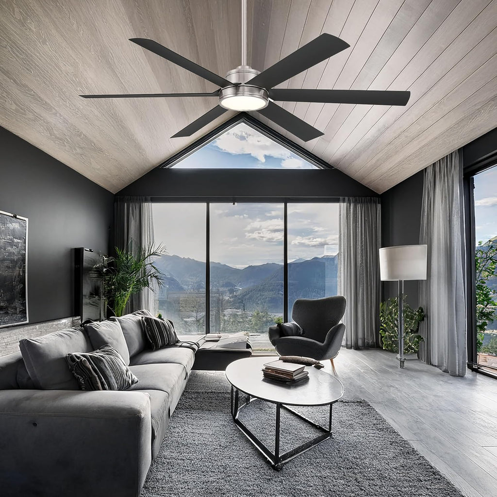MINKA-AIRE F897L-BNW/CL Cairo 65' 6-Blade LED Smart Indoor/Outdoor Ceiling Fan - Brushed Nickel Wet and Coal Finish Blades with Matte Lens
