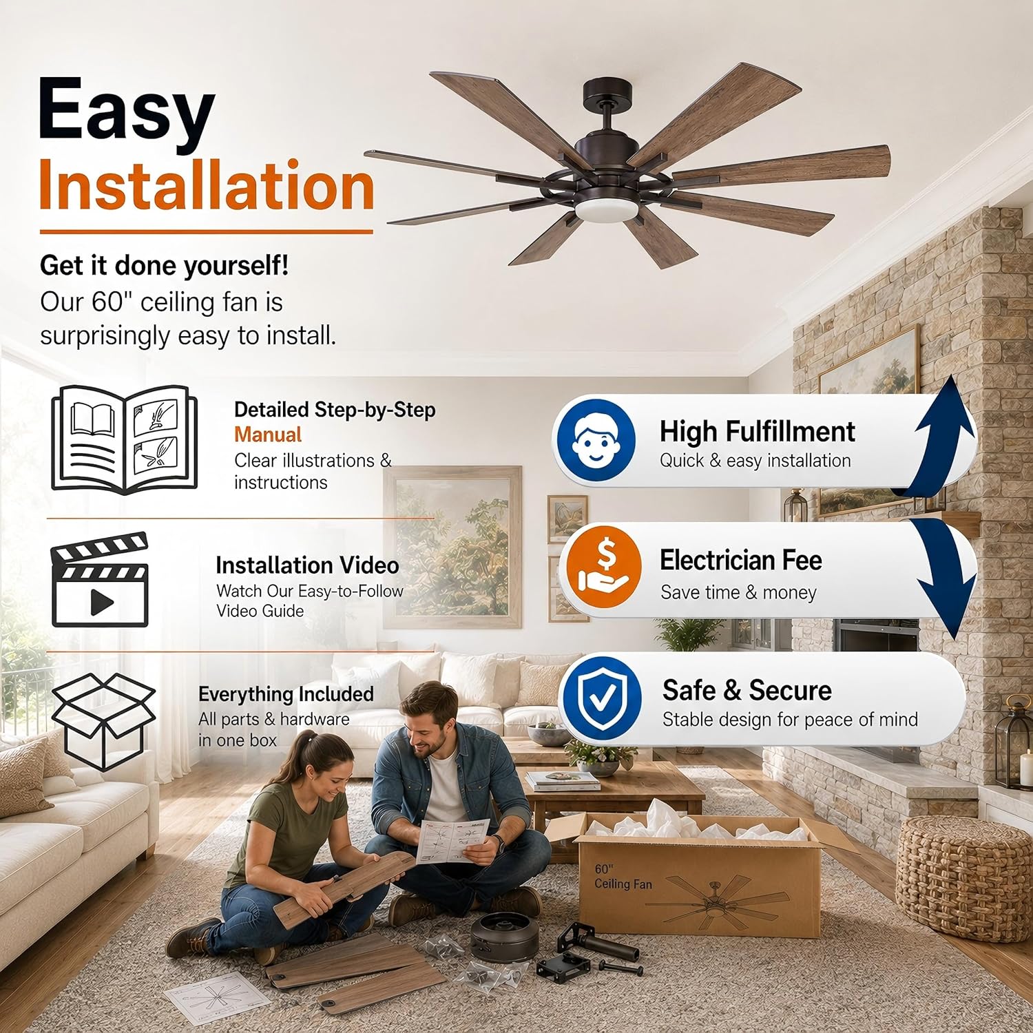 Ceiling Fans with Lights and Remote, 60 Inch Farmhouse Chandelier Ceiling Fan for Bedroom Rustic Lighting Ceiling Fans Outdoor Indoor, DC Motor Reversible 8 Blades, Noiseless, ETL, Oil Rubbed Bronze