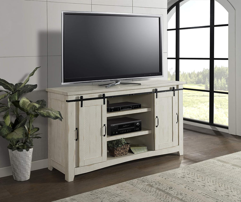Martin Svensson Home 65' Solid Pine Wood Entertainment Center with Storage. Rustic TV Stand for TVs up to 70.' Sliding Doors, Adjustable Shelves & Cable Management – White Finish