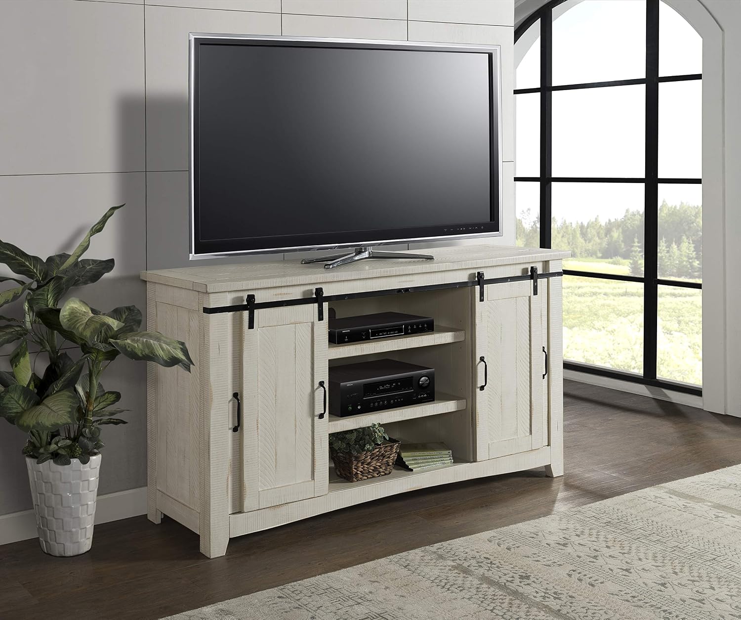 Martin Svensson Home 65' Solid Pine Wood Entertainment Center with Storage. Rustic TV Stand for TVs up to 70.' Sliding Doors, Adjustable Shelves & Cable Management – White Finish