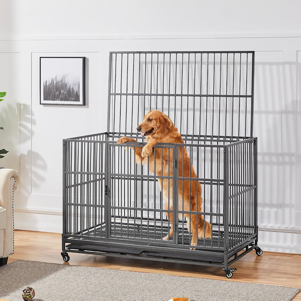 Yaheetech 48'' Dog Crate Extra Large Pet Crate XXL Indestructible Dog Crate W/2 Doors/Lockable Wheels/Removeable Trays for Indoor/Outdoor