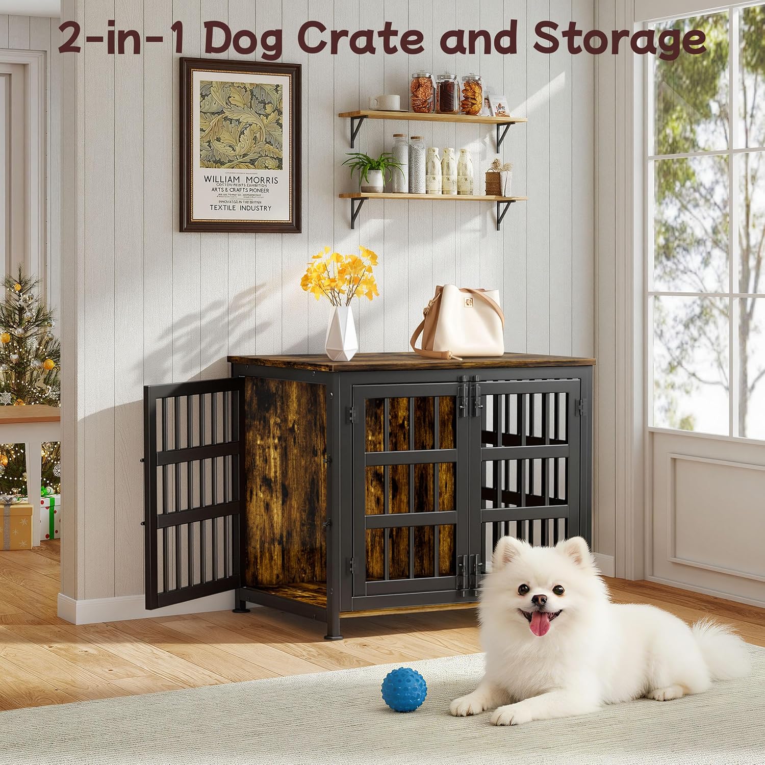 26'' Dog Crate Furniture Large Breed Dog Crate Dog Kennels for Inside Wooden Dog Crates End Table Heavy Duty Indoor Combination Cage for Medium to Large Dogs Walnut