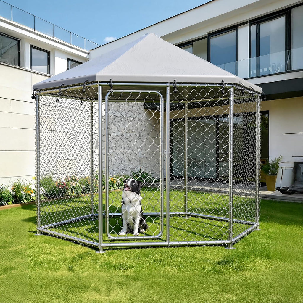 6.8x6.8 FT Extra Large Outdoor Dog Kennel Outside, Heavy Duty Outdoor Dog Enclosure with Waterproof Cover and Security Lock, Galvanized Wire Mesh Hexagonal Dog Cage for Large Dogs