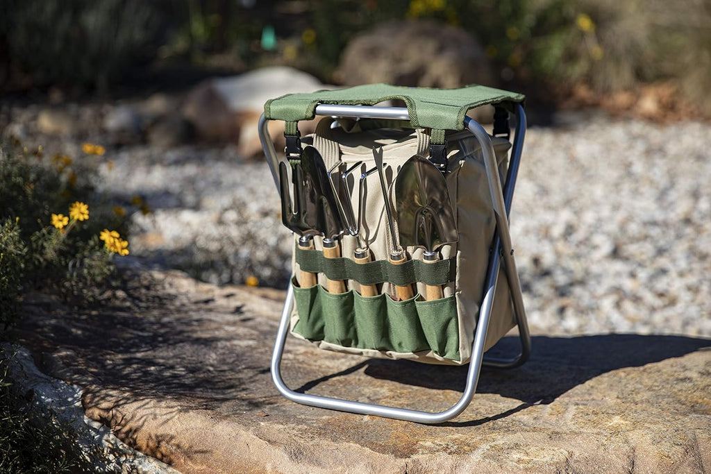 PICNIC TIME Disney Winnie The Pooh Gardener Folding Seat with Tools, Folding Garden Stool with Detachable Tote and Hand Tool Set Organizer, Portable Gardening Chair, (Olive Green with Beige Accents)