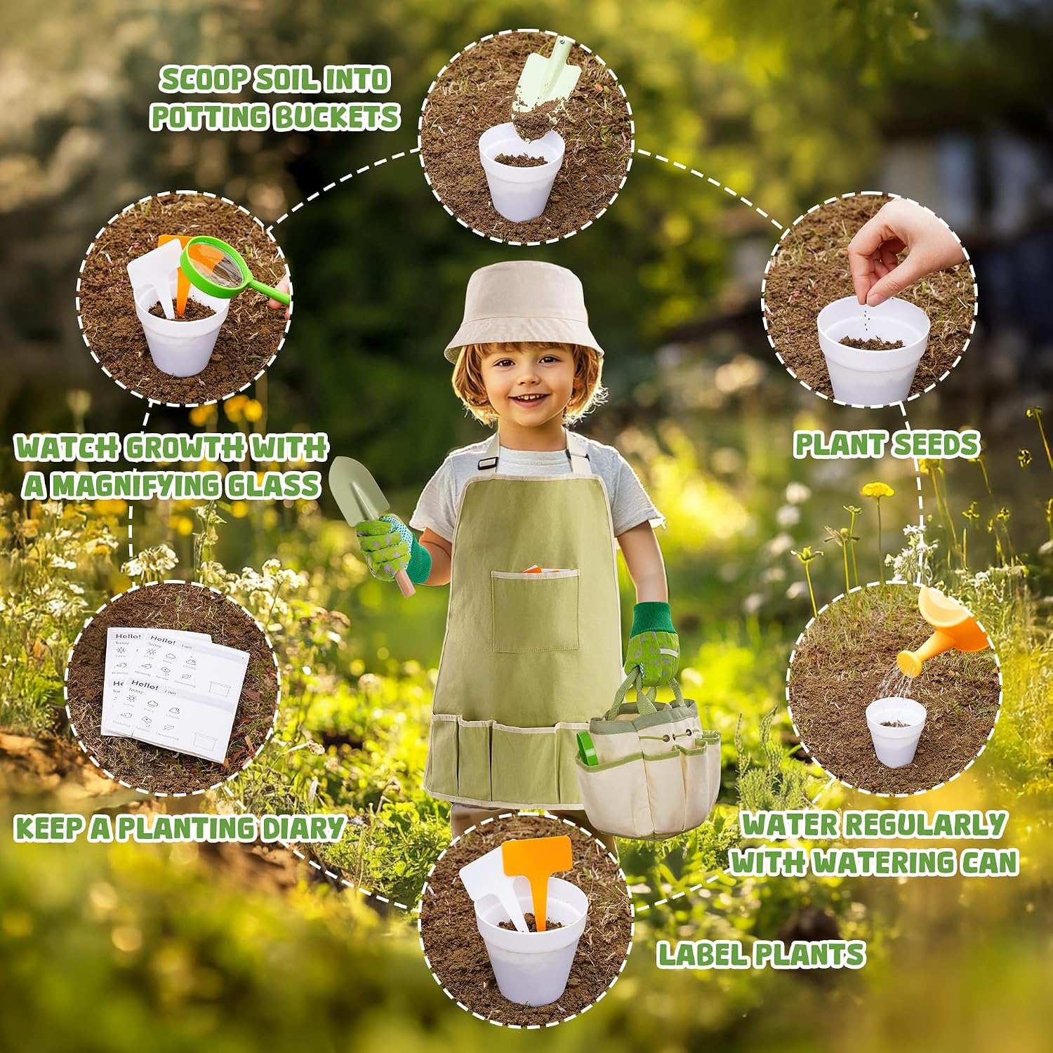 ROBOTIME Mud Kitchen & Kids Gardening Tools Set – Outdoor Wooden Play Kitchen with Sink, Grill & Pretend Accessories + 17 PCS Metal Kids Gardening Kit – Outdoor Toys for Boys & Girls Age 3+