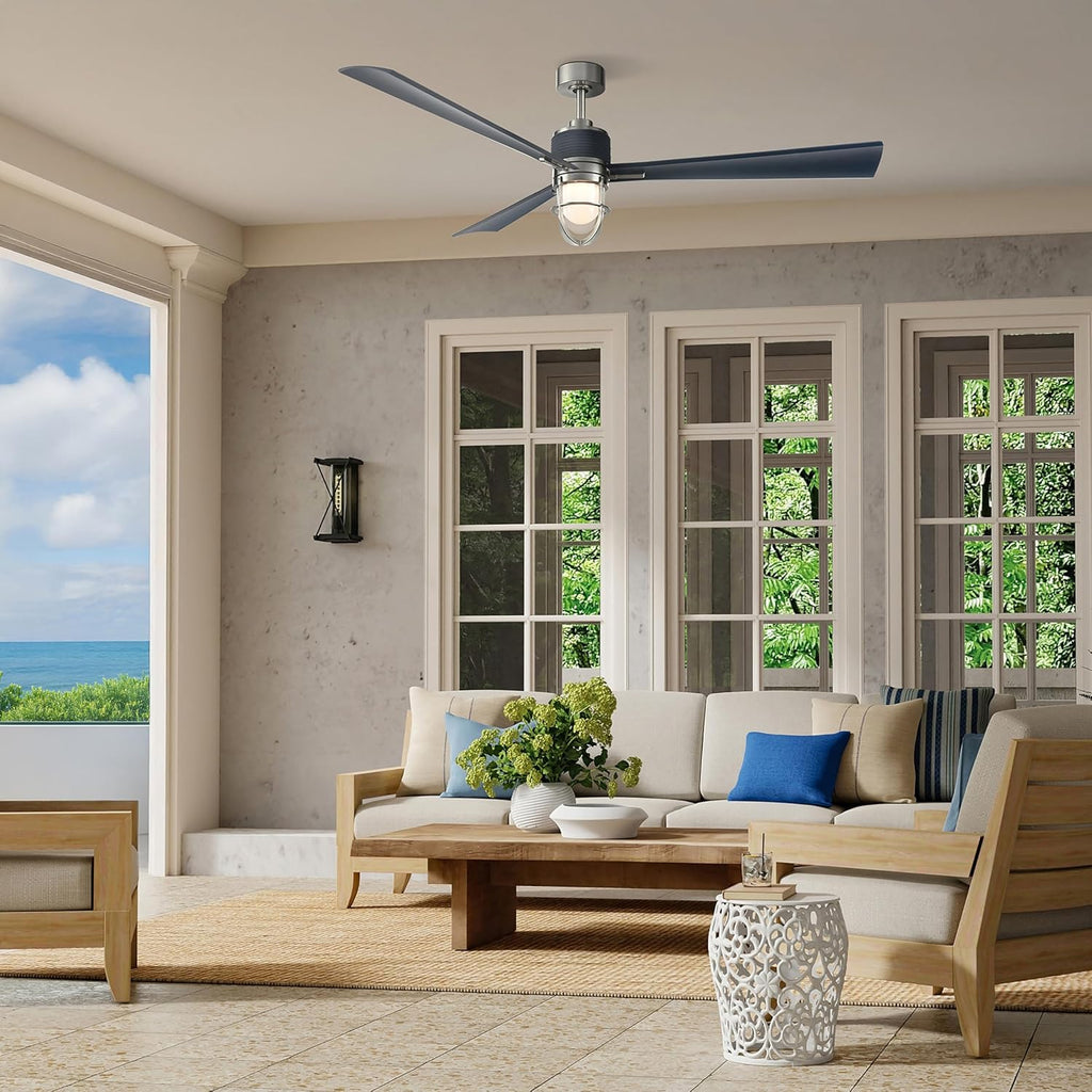 MINKA-AIRE F768L-BNW/NVY Nauticus 65' 3-Blade LED Smart Indoor/Outdoor Ceiling Fan in Brushed Nickel Wet and Navy Blades with Clear Glass