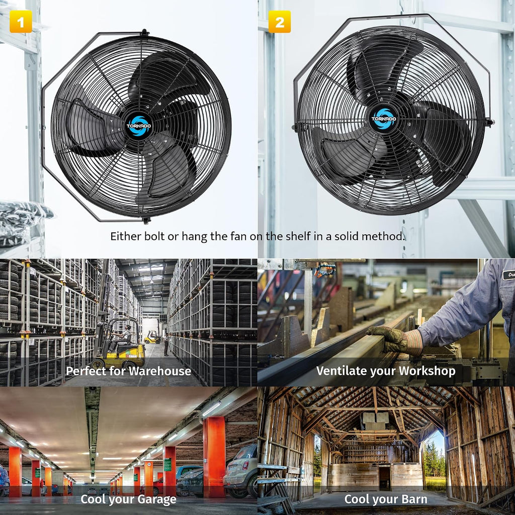Tornado 18' Outdoor IPX4 Rated Water-Resistant Metal Industrial Wall Mount Fan, 3 Speed High Velocity Wall Fan For Commercial, Industrial, Residential Use, 4150 CFM 6.6 FT Cord 180°Tilting, Black