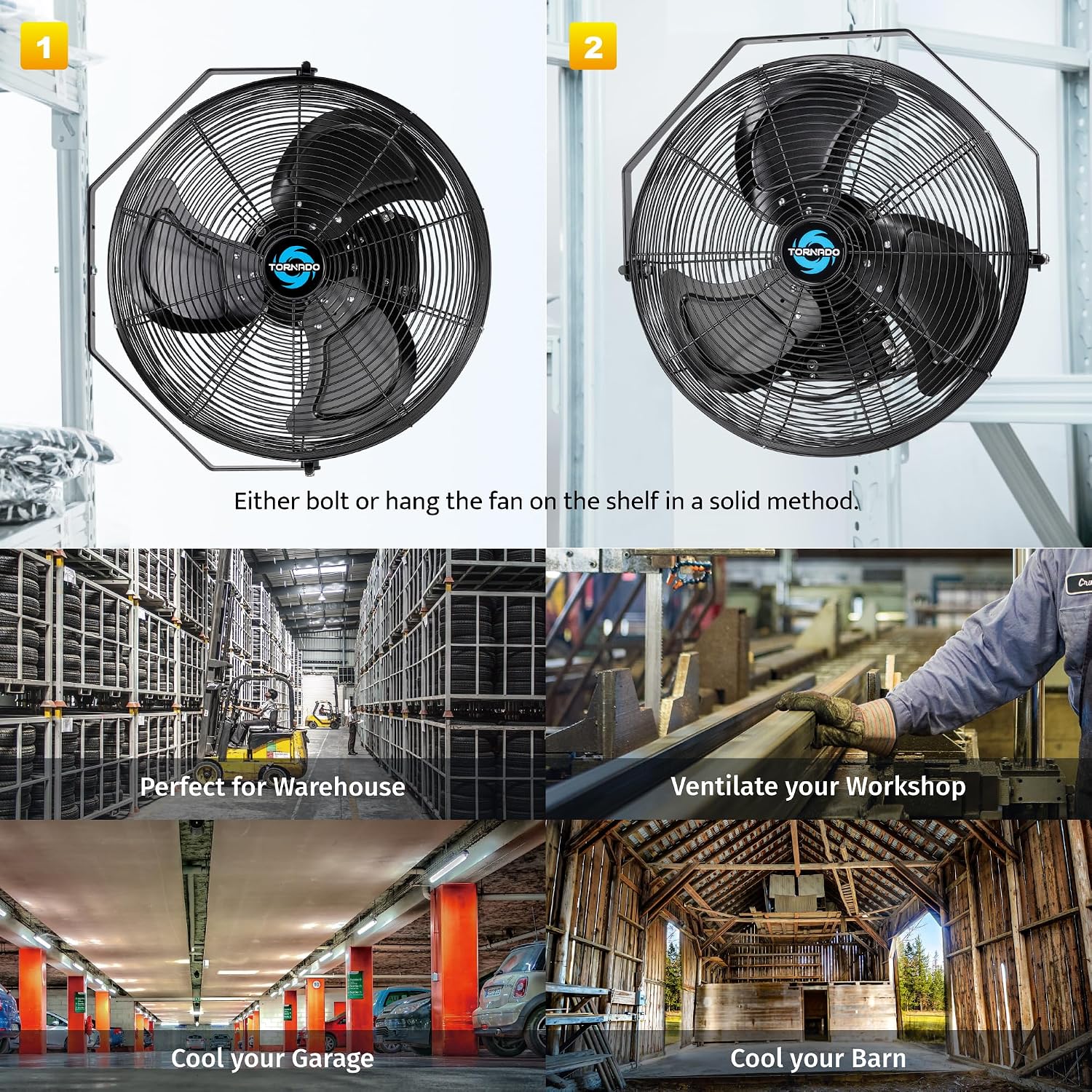 Tornado 18' Outdoor IPX4 Rated Water-Resistant Metal Industrial Wall Mount Fan, 3 Speed High Velocity Wall Fan For Commercial, Industrial, Residential Use, 4150 CFM 6.6 FT Cord 180°Tilting, Black
